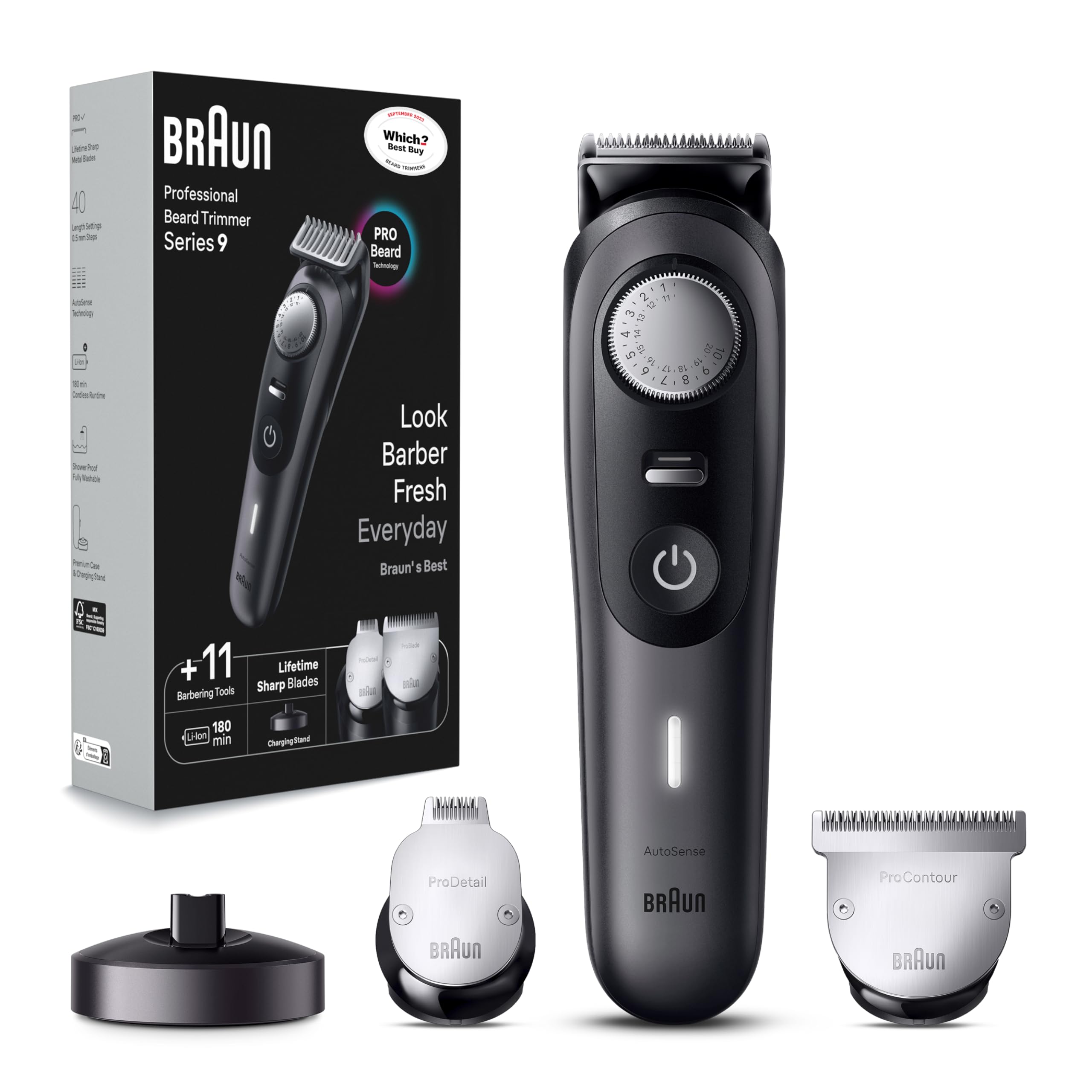 Braun Beard Trimmer Series 9 BT9441, Beard Trimmer Men Rechargeable, Trimmer with Barber Tools and 180-min Runtime, Hair and Beard Trimmers for Men, Black