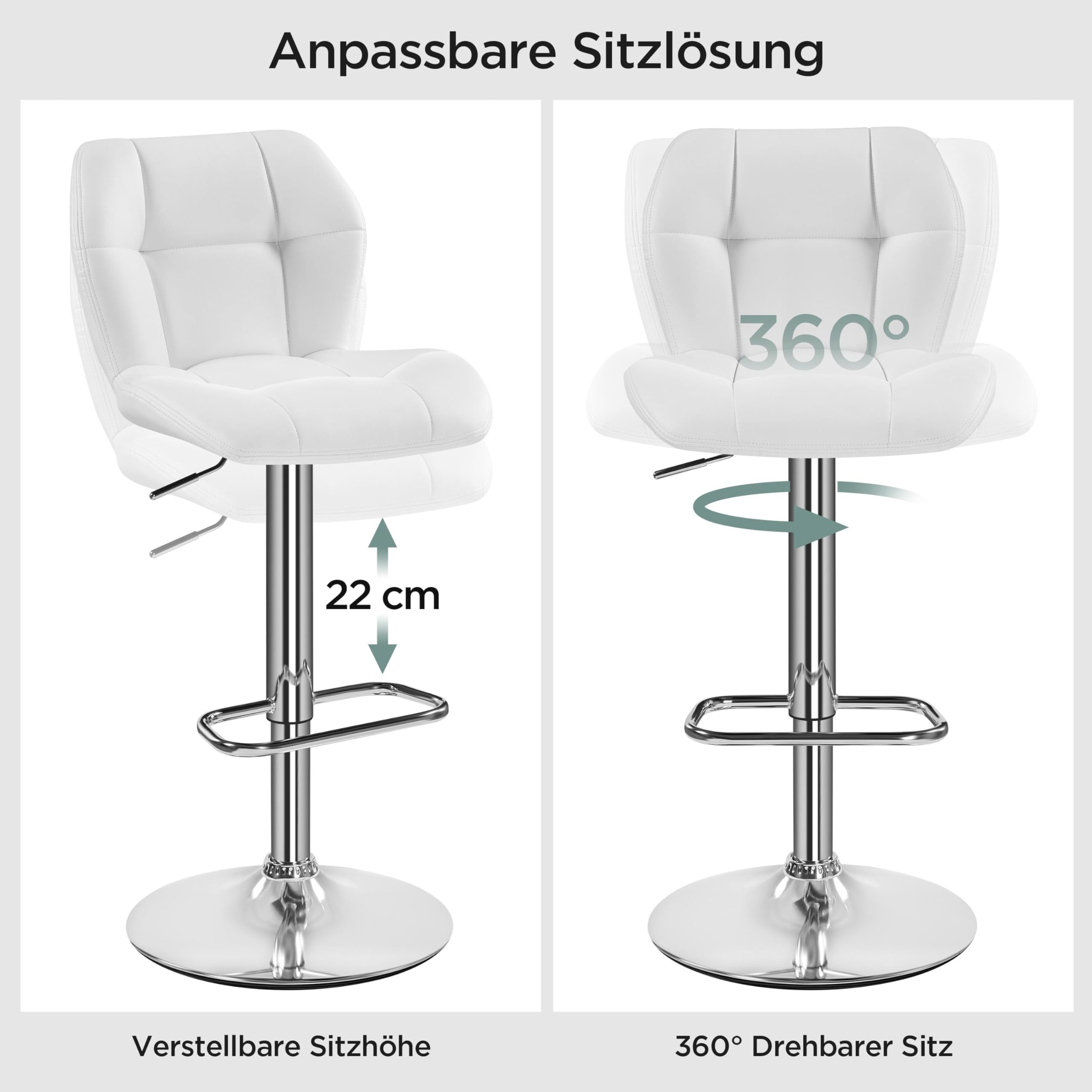 Yaheetech Barhocker 2er-Set, Höhenverstellbar 62,5–84,5 cm & 360° Drehbar Gepolsterte Barstühle mit Rückenlehne und Fußstütze aus PU-Kunstleder für Kücheninsel & Bartisch, Weiß