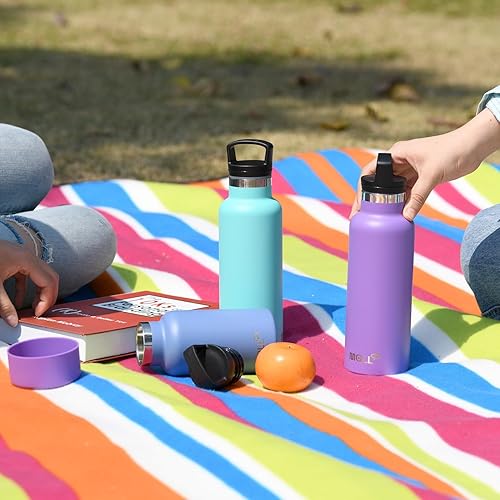 Miniatura 5 de Mollcity Botella de agua aislada con 2 tapas, 16 onzas, acero inoxidable, doble pared al vacío, botella de agua deportiva delgada reutilizable