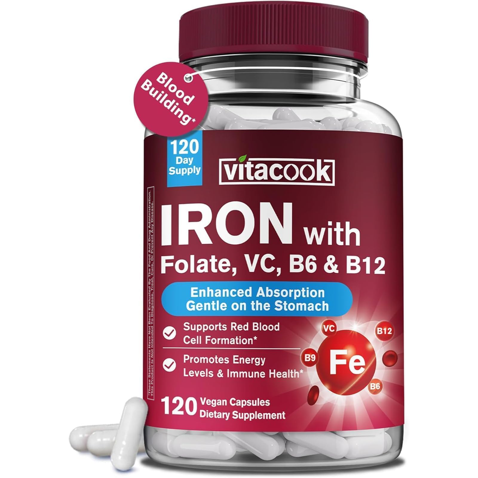 Iron Supplement for Women & Men, Iron Bisglycinate with Vitamin C 120 Count (Pack of 1)