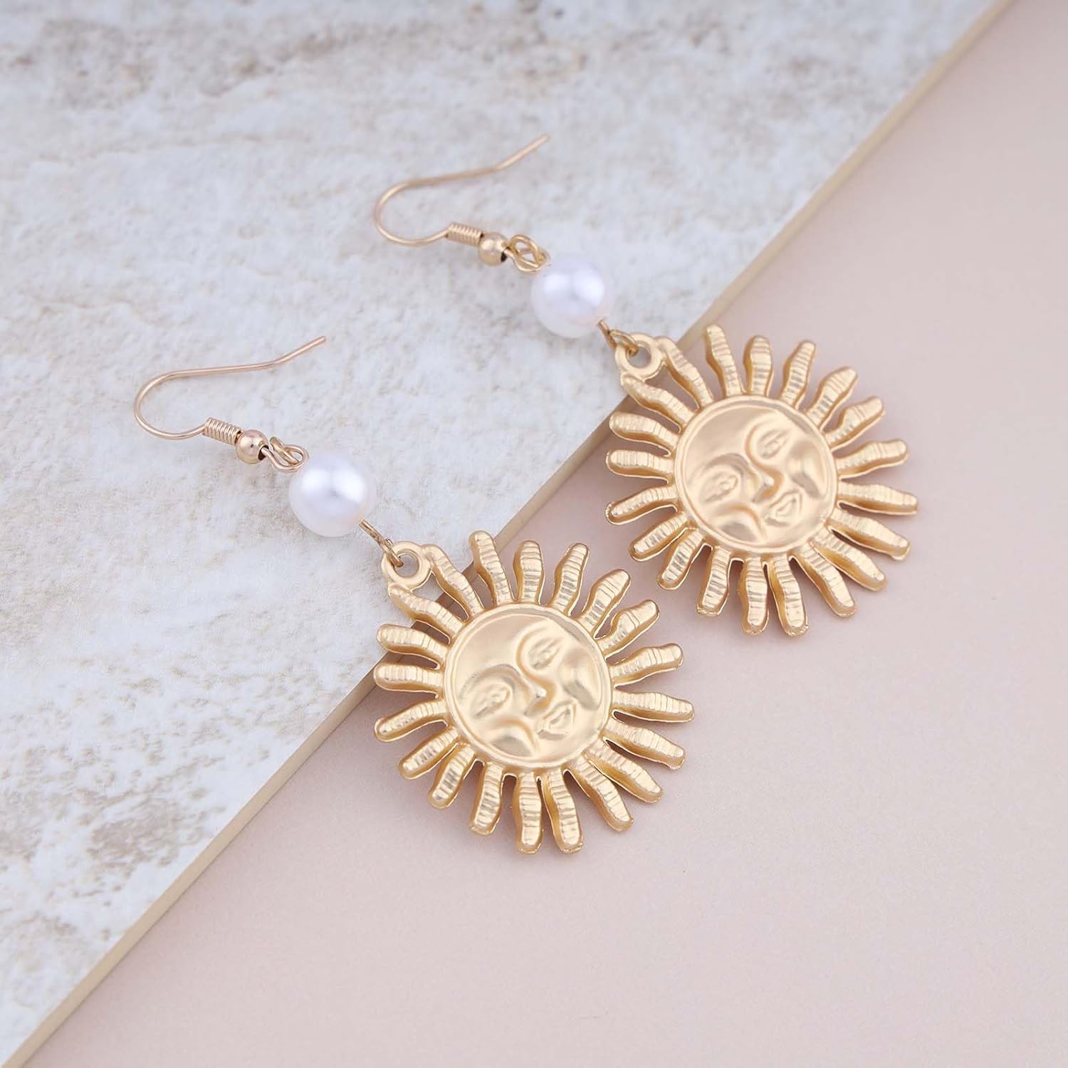 Andelaisi Boho Sun Dangle Earrings Vintage Sun Face Pearl Earrings Gold Celestial Sun Hook Earrings Personalized Sunflower Earrings Jewelry for Women - Image 3