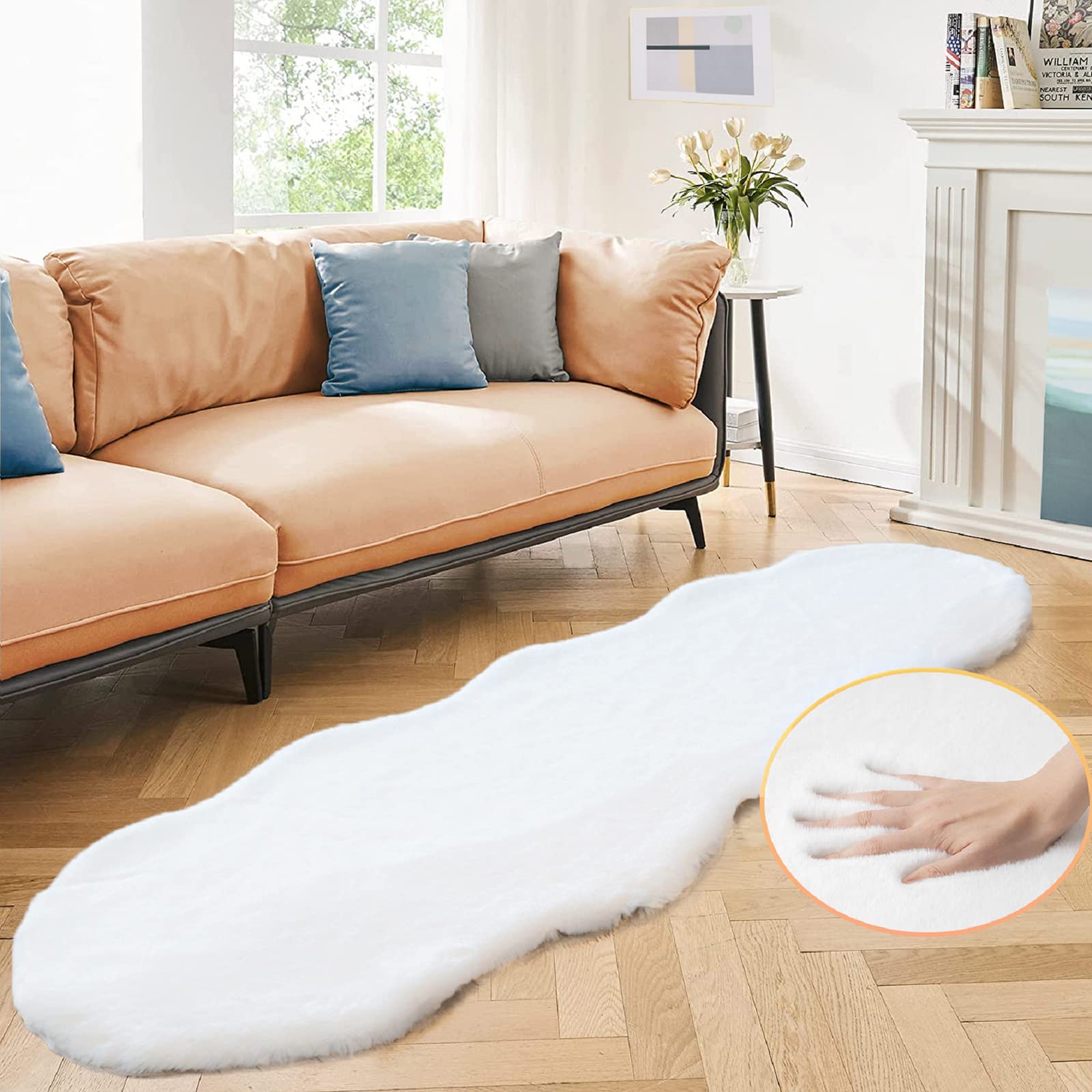 ORINOVA Teppich Schlafzimmer Flauschig Läufer 60x180 cm Weiß Fellteppich Kunstfell Teppich Weich Wohnzimmer Waschbar Fellform