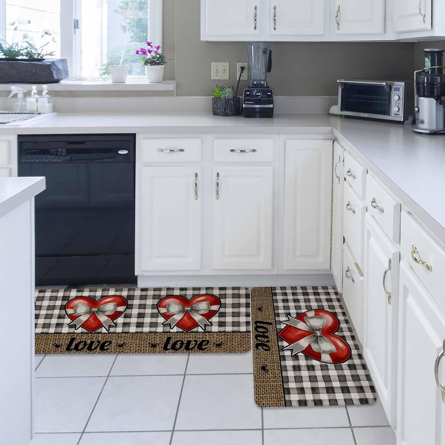Bow on Heart Kitchen Rugs and Mats Set of 2, Non-Slip Kitchen Sink Mat, Valentine's Day Love Black Gray Plaid Beige Washable Doormat Bathroom Rugs Runner for Bedroom 19.7"x31.5"+19.7"x47.2"