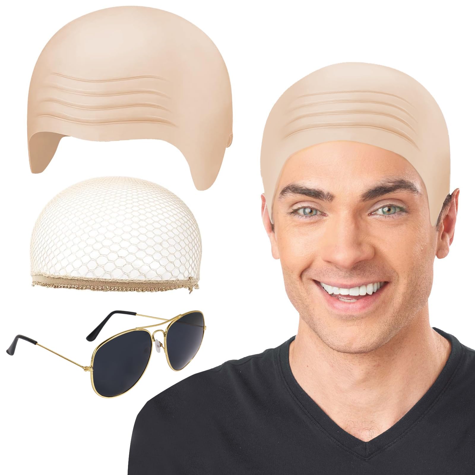 LFBEST Bald Cap With Wig Cap and Sunglasses, Halloween Bald Caps Latex for men women Bald Skin Thick Latex Head Caps