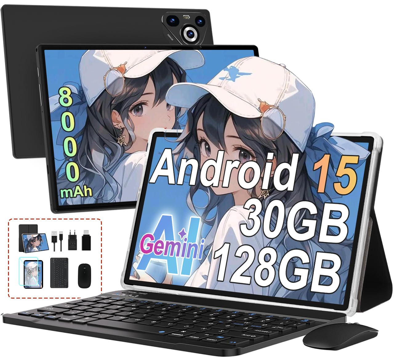 Tablet Android 15, 10 Pollici, [30GB RAM 128GB ROM]+TF 2TB Espandibile, 8000mAh, WIFI 5G/ BT5.0/ OTG, Widevine L1, Face ID, Tablets Corpo in Metallo con Mouse, Tastiera, Custodia Protettiva, Nero