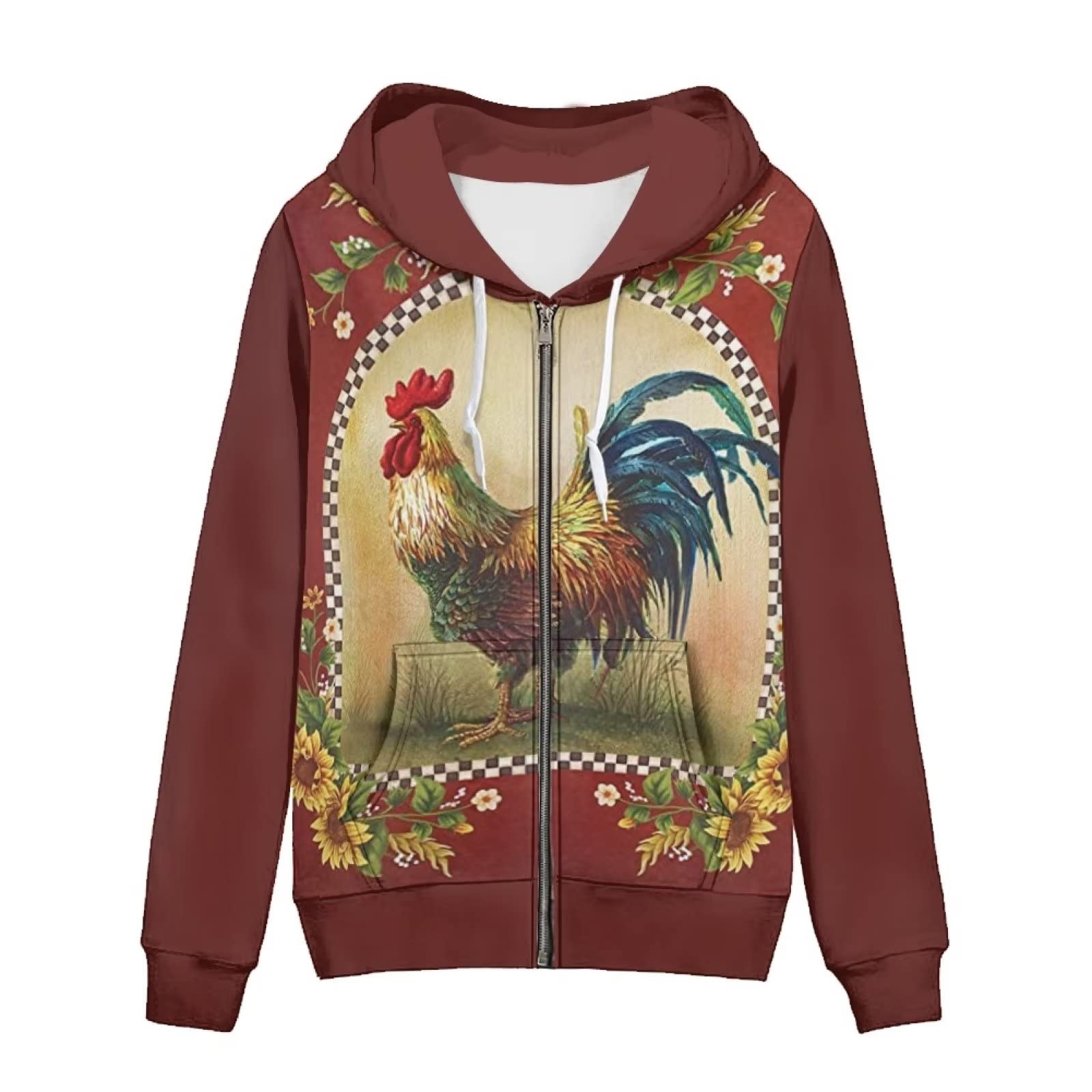 HUIACONG Damska bluza z kapturem zapinana na zamek błyskawiczny dla nastolatek sweter XS-5XL rozmiar, Słonecznik kogut czerwony, 4XL