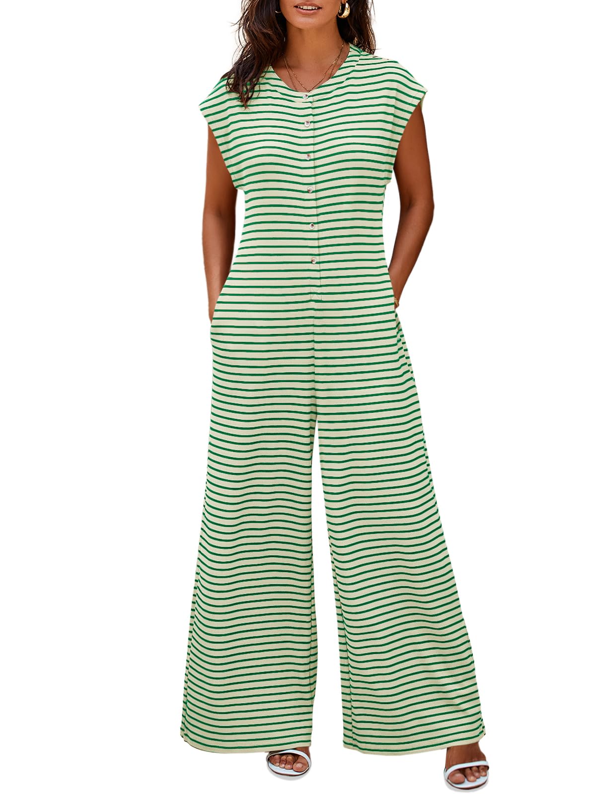 Cicy Bell Tuta casual da donna a righe, maniche ad aletta, scollo rotondo, bottoni e maglia a nido d'ape