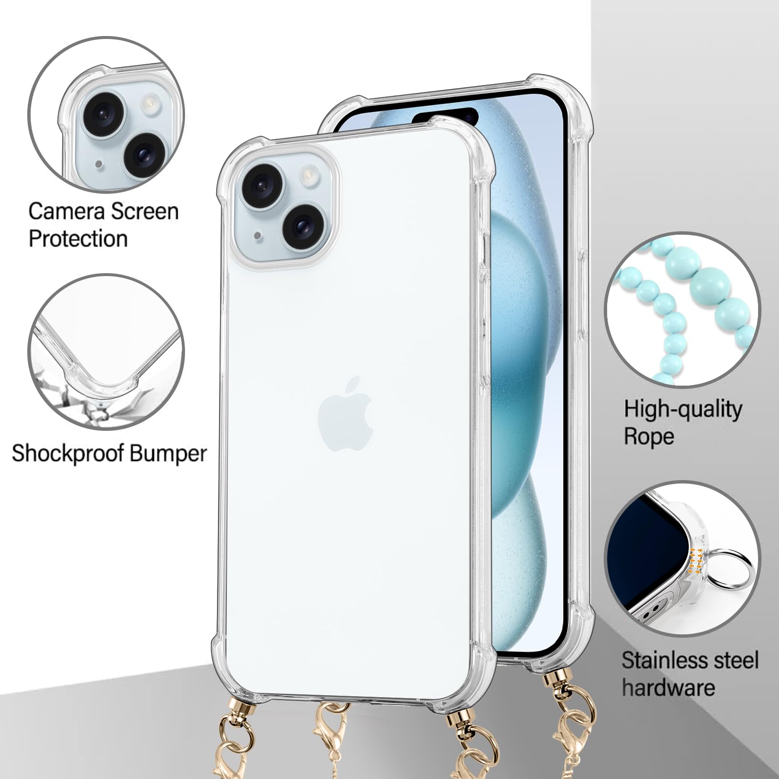 VooDirop Custodia A Tracolla Per IPhone 15 Plus Con Cordino Regolabile, Silicone Morbido Antiurto, Protezione Mani Libere, Colore Pietra - 2