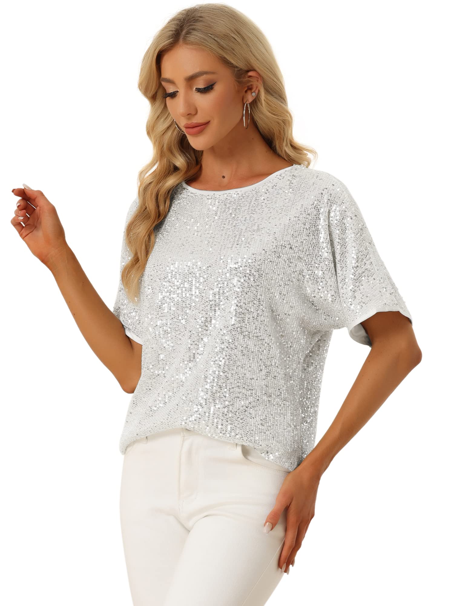 Allegra K Damen Festliches Oberteil Pailletten Oberteile Kurzarm Rund Halsausschnitt Party Glitzer Top Silber M