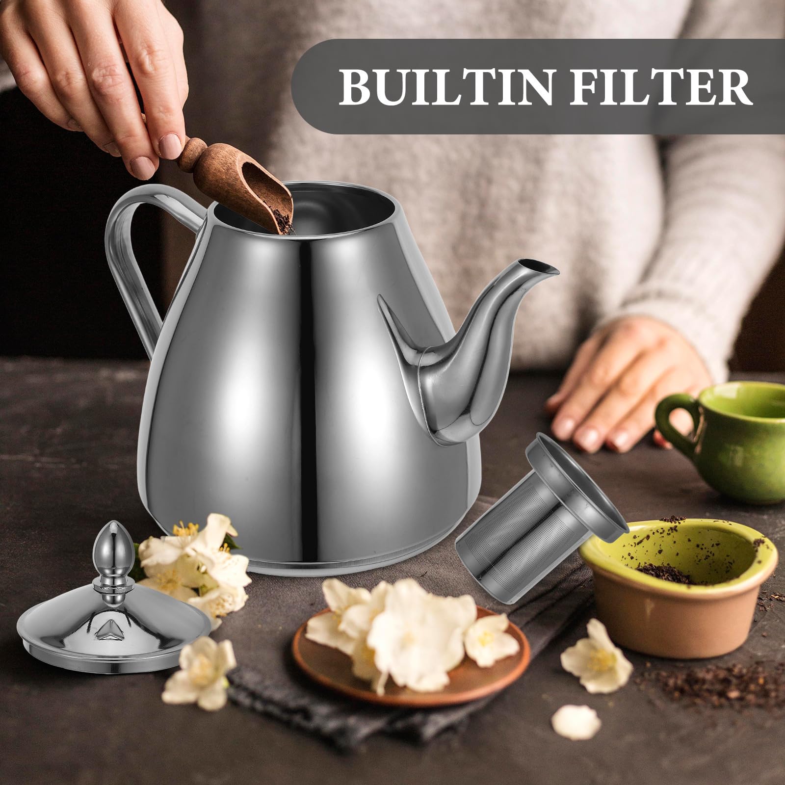 OUNONA Tetera con Infusor y Filtro Integrado de 2l de Acero Inoxidable Construcción Gruesa Compatible con Estufas de Inducción Adecuado para Uso Doméstico y Comercial