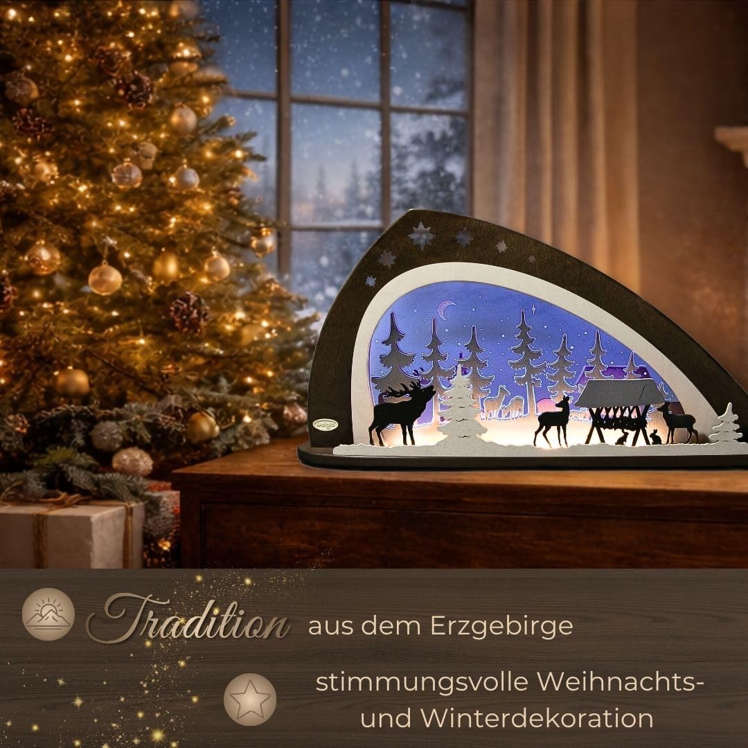 weigla - Schwibbogen original Erzgebirge I Motiv Waldtiere I LED-Lichterbogen Weihnachten I Größe 66 x 33,8 x 6 cm I Inklusive Beleuchtung I beleuchtete Weihnachtsdeko innen I aus Holz