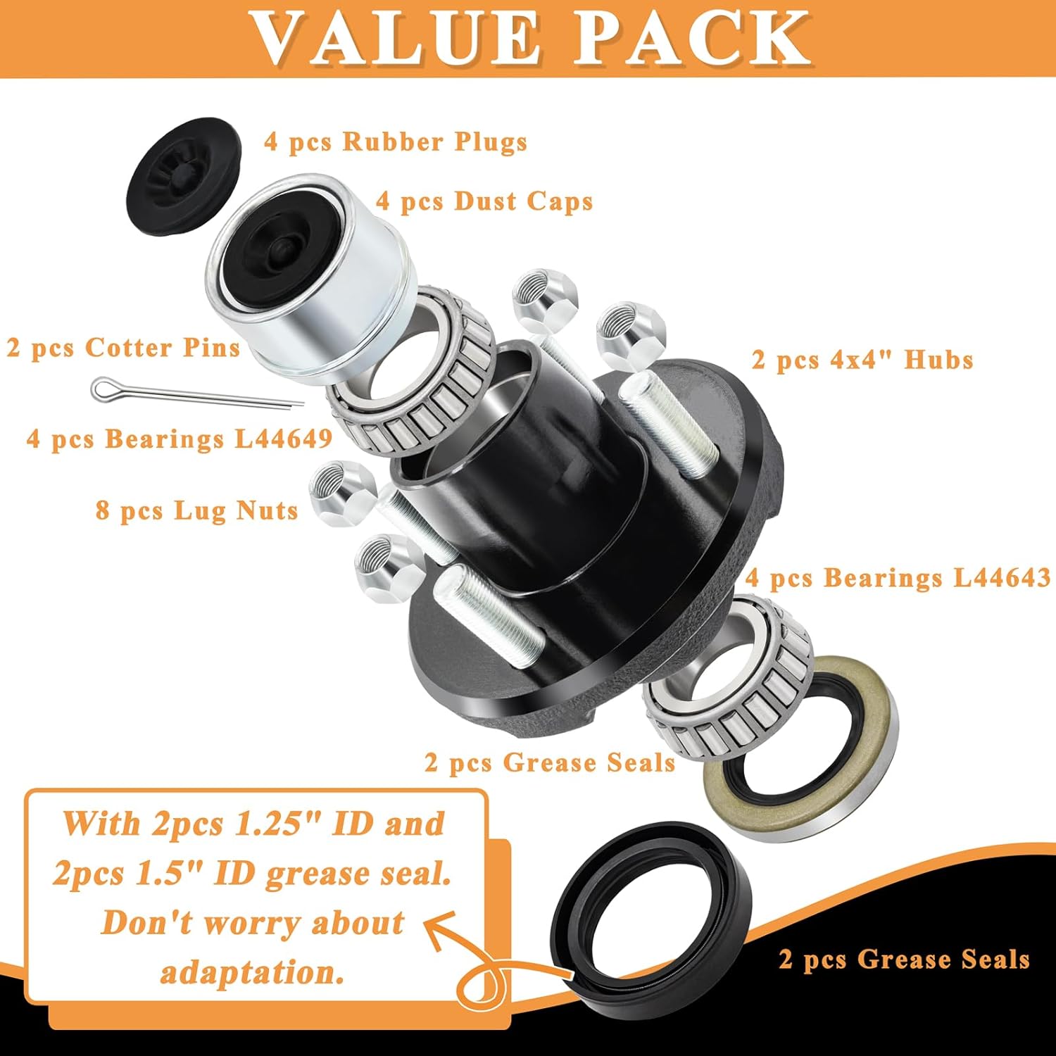 2 Sets Trailer Hub Kit 4 Bolt 4 for 2000 lb Trailer Axle, Including L44643 L44649 Bearing, Grease Seal, Dust Cap and Rubber Plug, Lug Nuts Fits for 1" and 1-1/16" Trailer Axles #84 Spindle