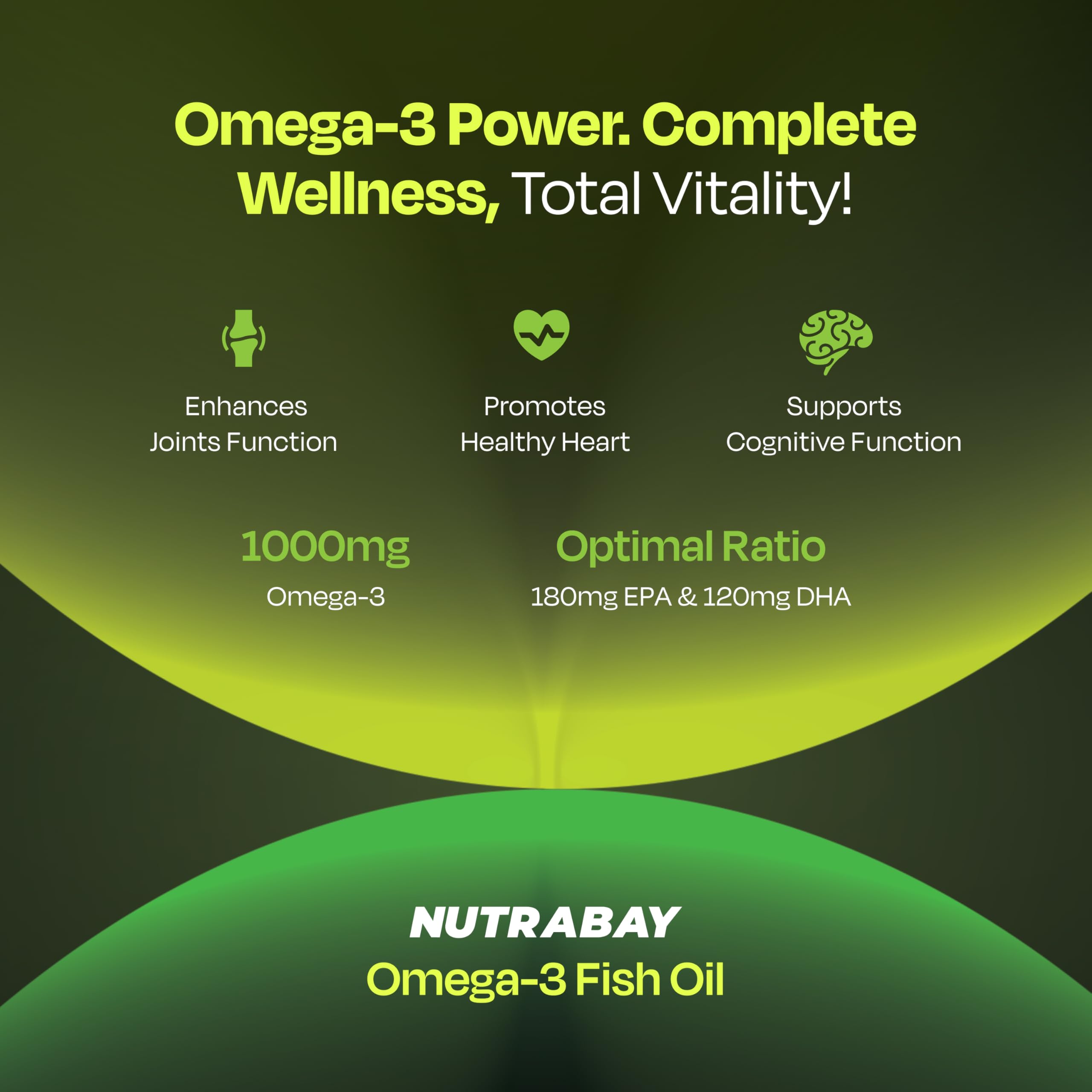 Nutrabay Omega 3 Fish Oil 1000mg per Capsule, 180mg EPA, 120mg DHA – Vision, Memory, Heart, Skin & Hair Support, No Fishy Aftertaste – 60 Softgel Capsules — Amazon image 3