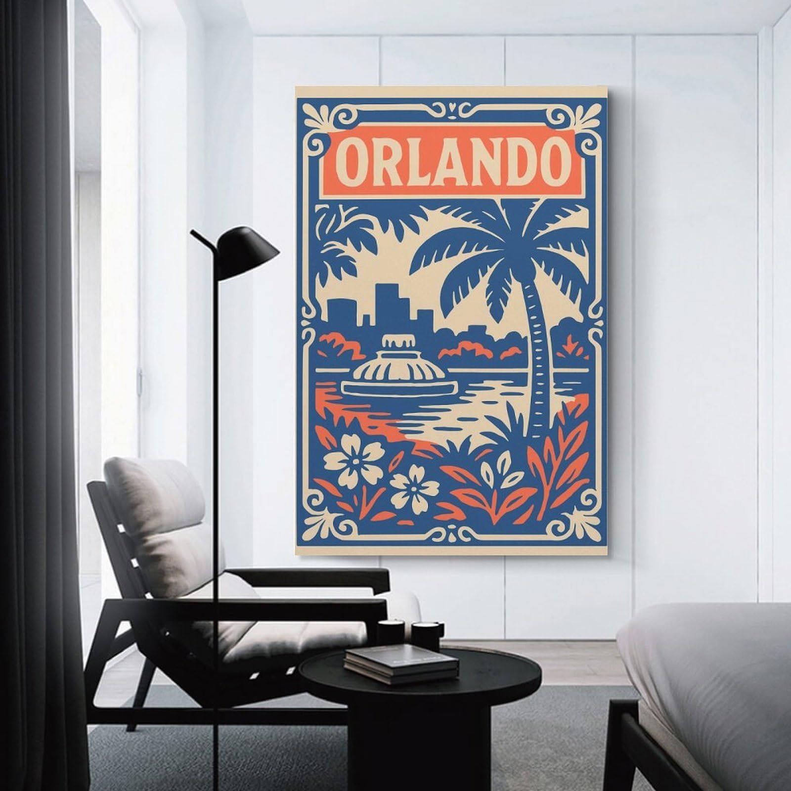 Junmoney Hanging Wall Art Orlando Cityscape with Palm Tree, 20x30inch(50x75cm), for Contemporary Homes, Apartments Or Offices, Stylish Wall Art for Fresh Spaces