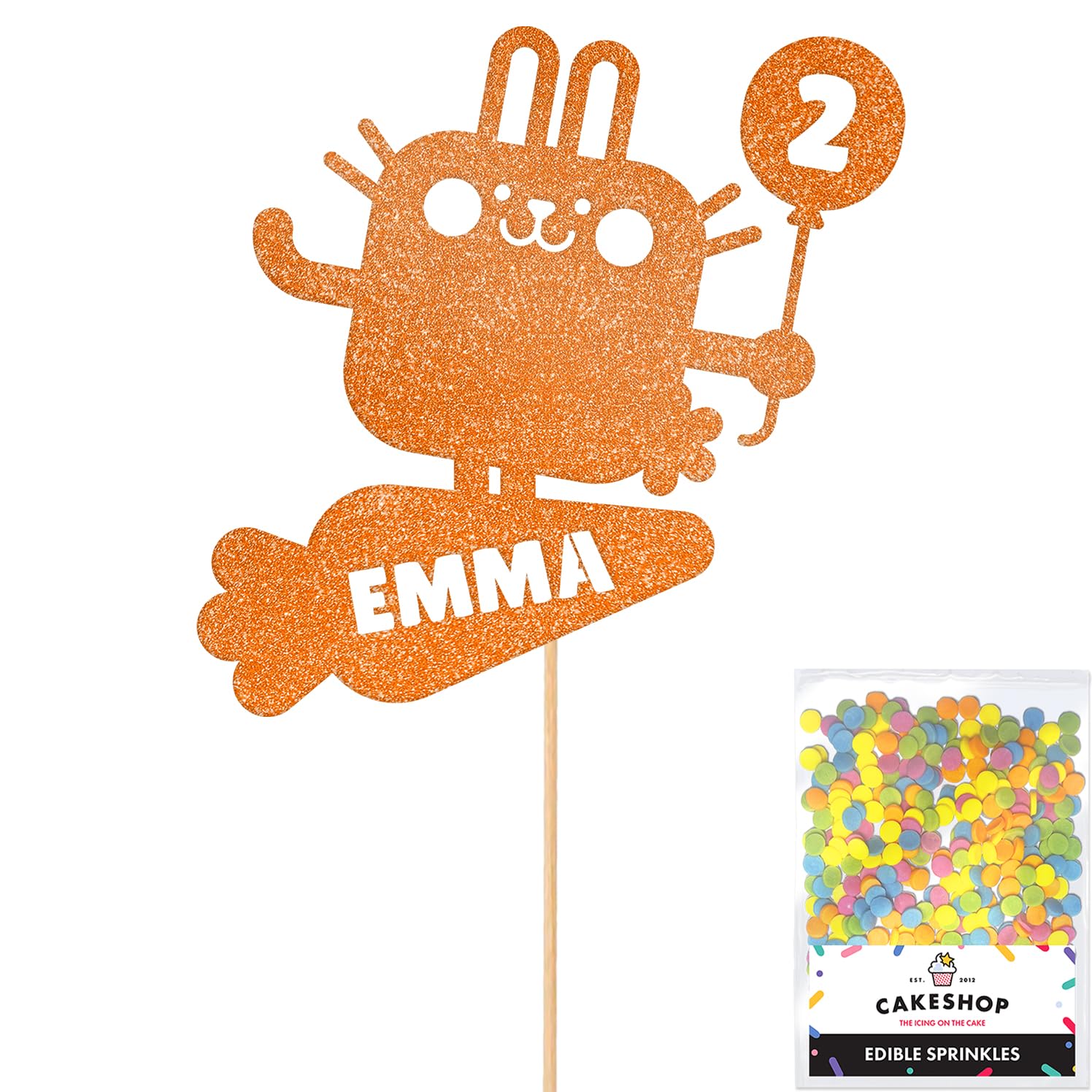 Personalised Pet Bunny Rabbit Glitter Cake Topper- Orange Any Custom Age & Name Glitter Cake Decoration and Sprinkles - Happy Birthday Decorations - Personalised Toppers for Cakes by Cakeshop — image 1