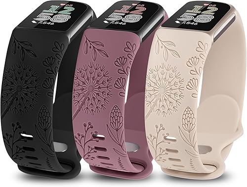 Minyee Paquete de 3 bandas grabadas florales compatibles con Fitbit Charge 6 bandasFitbit Charge 5 bandas para mujer, lindo diseño de flores de