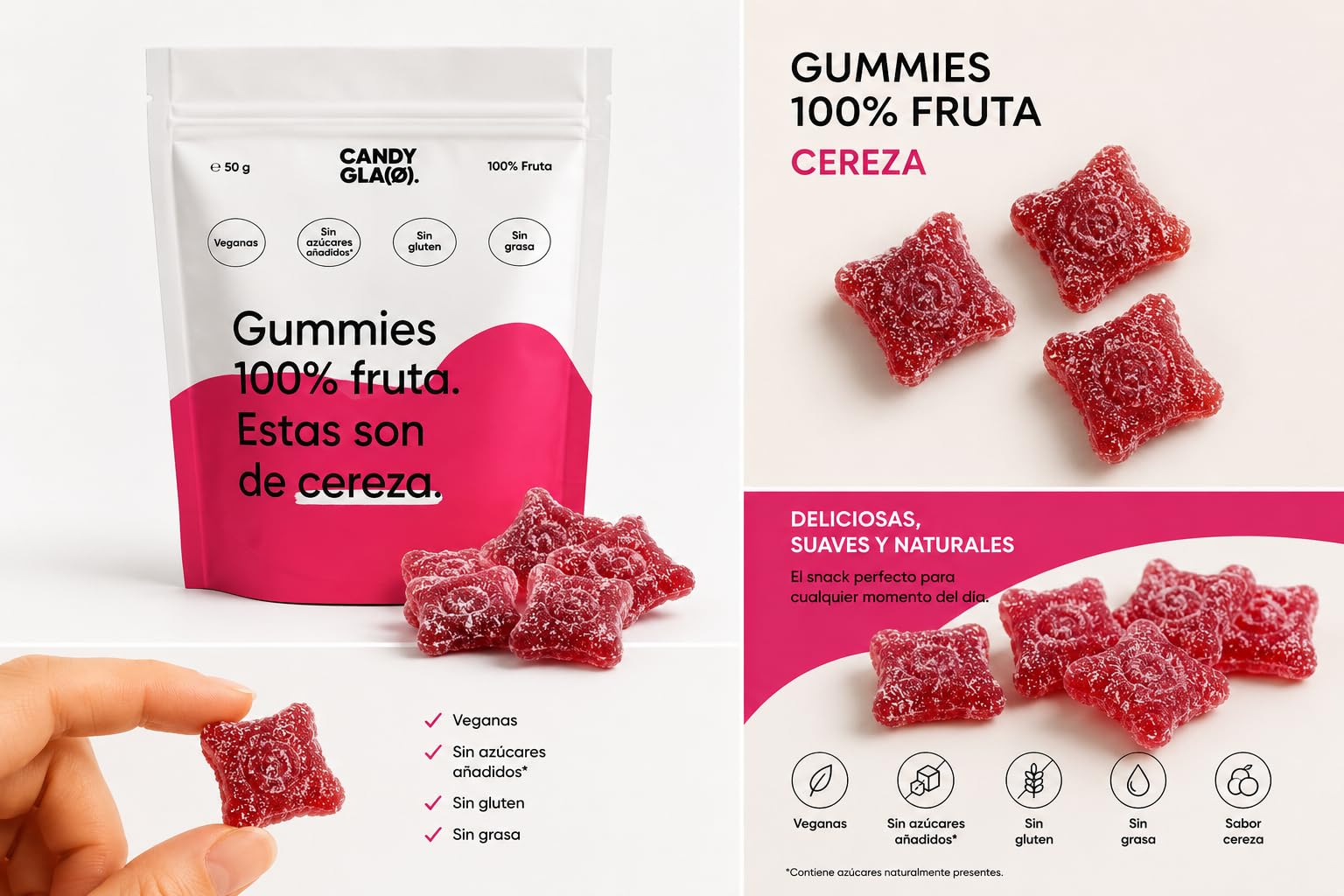 Candy Glam Pack Mixto de Gummies 14 Bolsas 7 Cereza + 7 Fresa Veganas Sin Gluten Sin Azúcares Añadidos Snacks de Fruta Sabores Surtidos