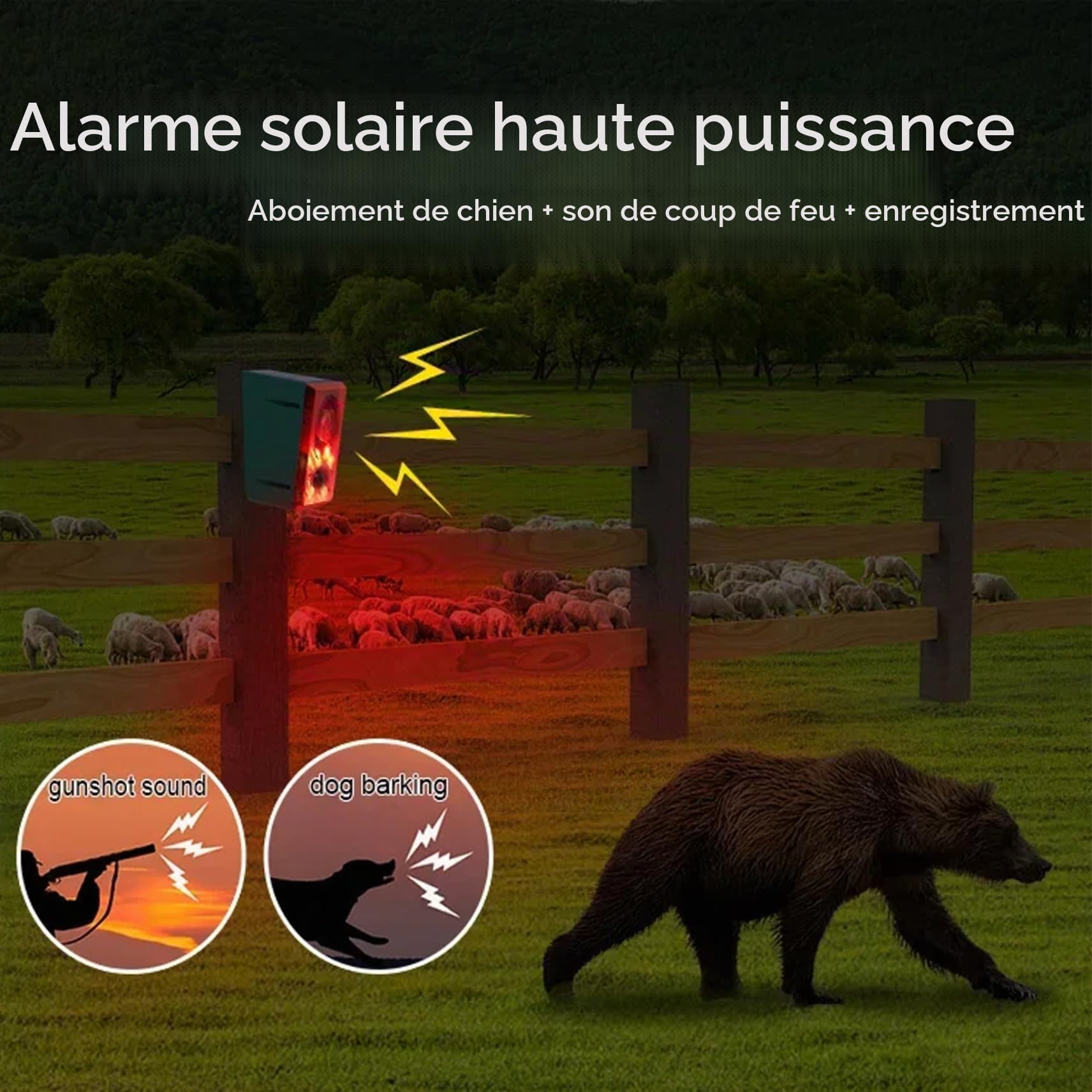 Alarme de chien qui aboie, détecteur de mouvement solaire, générateur bruit avec télécommande, étanche, rechargeable par USB, détecteur mouvement pour extérieur, alarme capteur