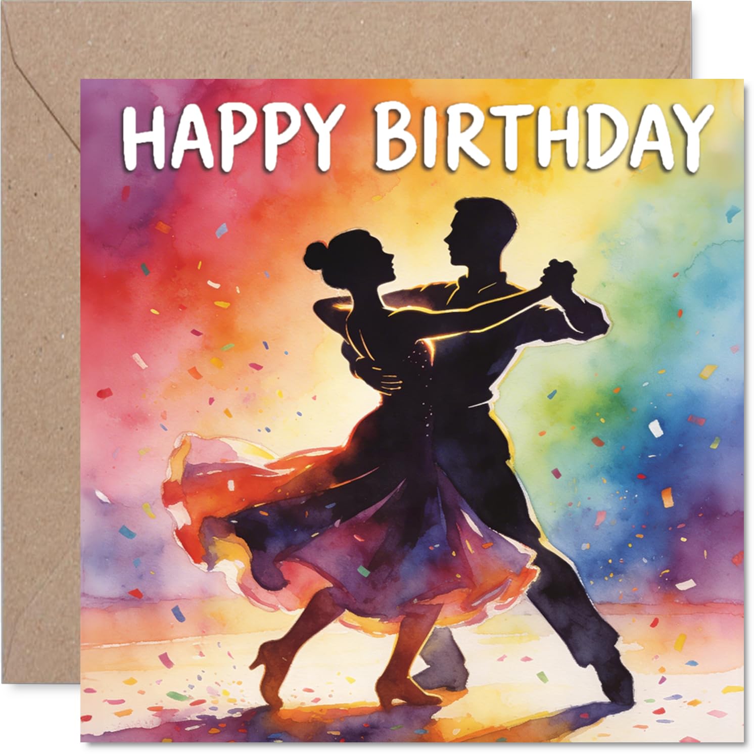 Heartfelt Birthday Card - Bursts of Birthday Joy - Vibrant Couple Dancing in a Watercolour Celebration - Instantly Lifts the Mood - 145mm Square, Envelope Included
