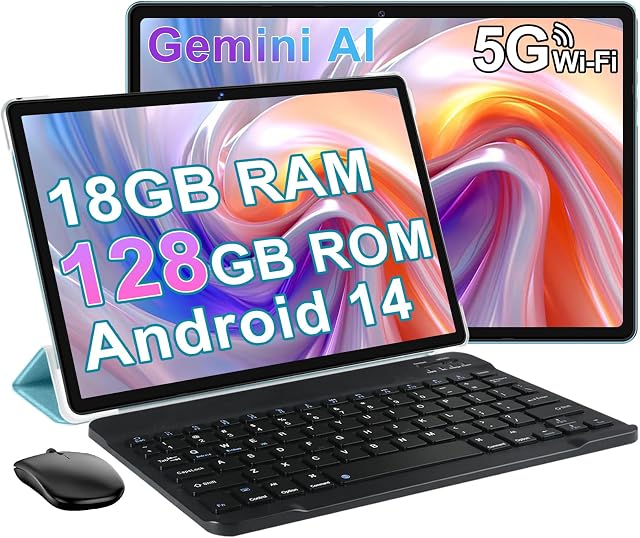 Tablet, 2026 Android Tablet with Gemini AI, 10.1 Inch FHD Display, 18GB RAM 128GB ROM /1TB TF, 6000mAh, Octa-Core CPU, Widevine L1, 2 in 1 Tablets (Blue)
