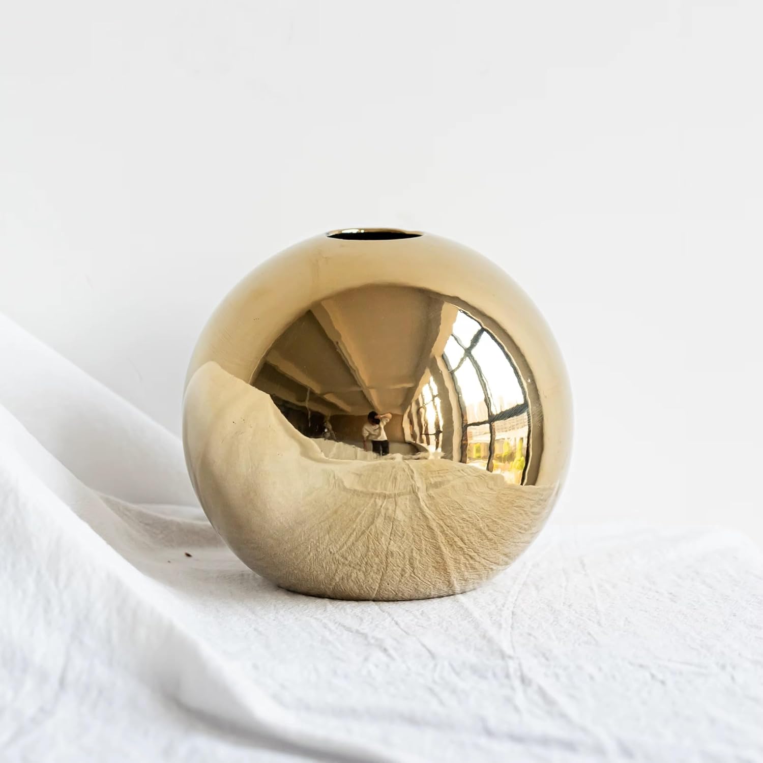 Small Mini Glossy Gold Vase Ceramic Golden Vases Home Decor, Modern Minimalist Circle with Hole Decorative Vase, Round Flower Golden vases for Bookshelf Centerpiece Rustic Boho