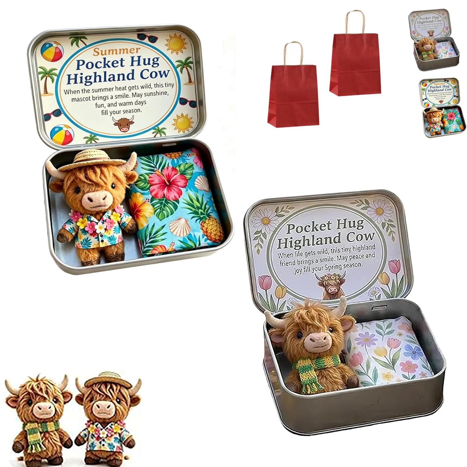 Pocket Hug Highland Cow Gift Set – a Little Hug You Can Carry Anywhere, Handmade Wool Felt Highland Cow Pocket Hug, Cow Tin Box, Mini Plush Gift Set for Anxiety Relief, Cute Desk Décor (Mix)
