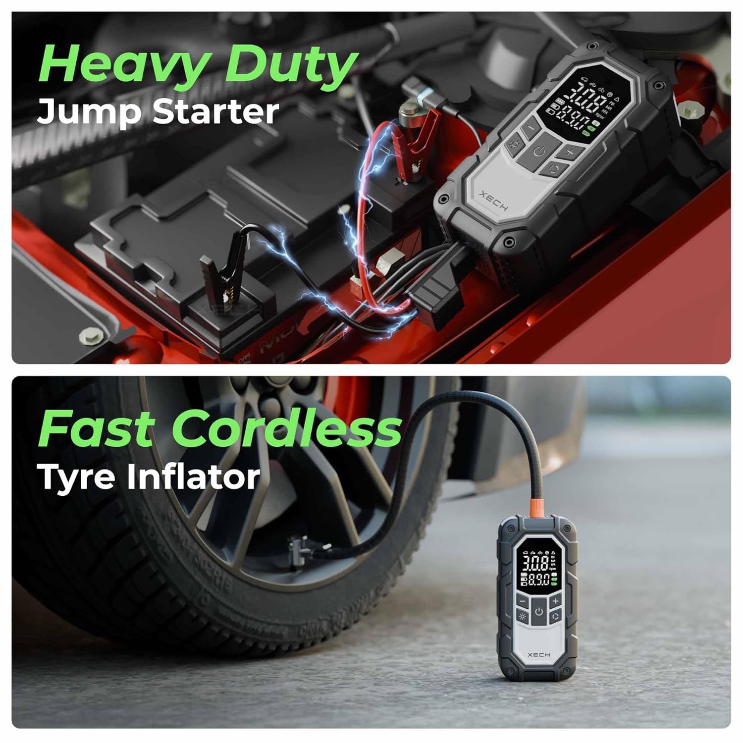 XECH JumpX device showing the jump starter connected to a car battery and the inflator hose connected to a car tire.