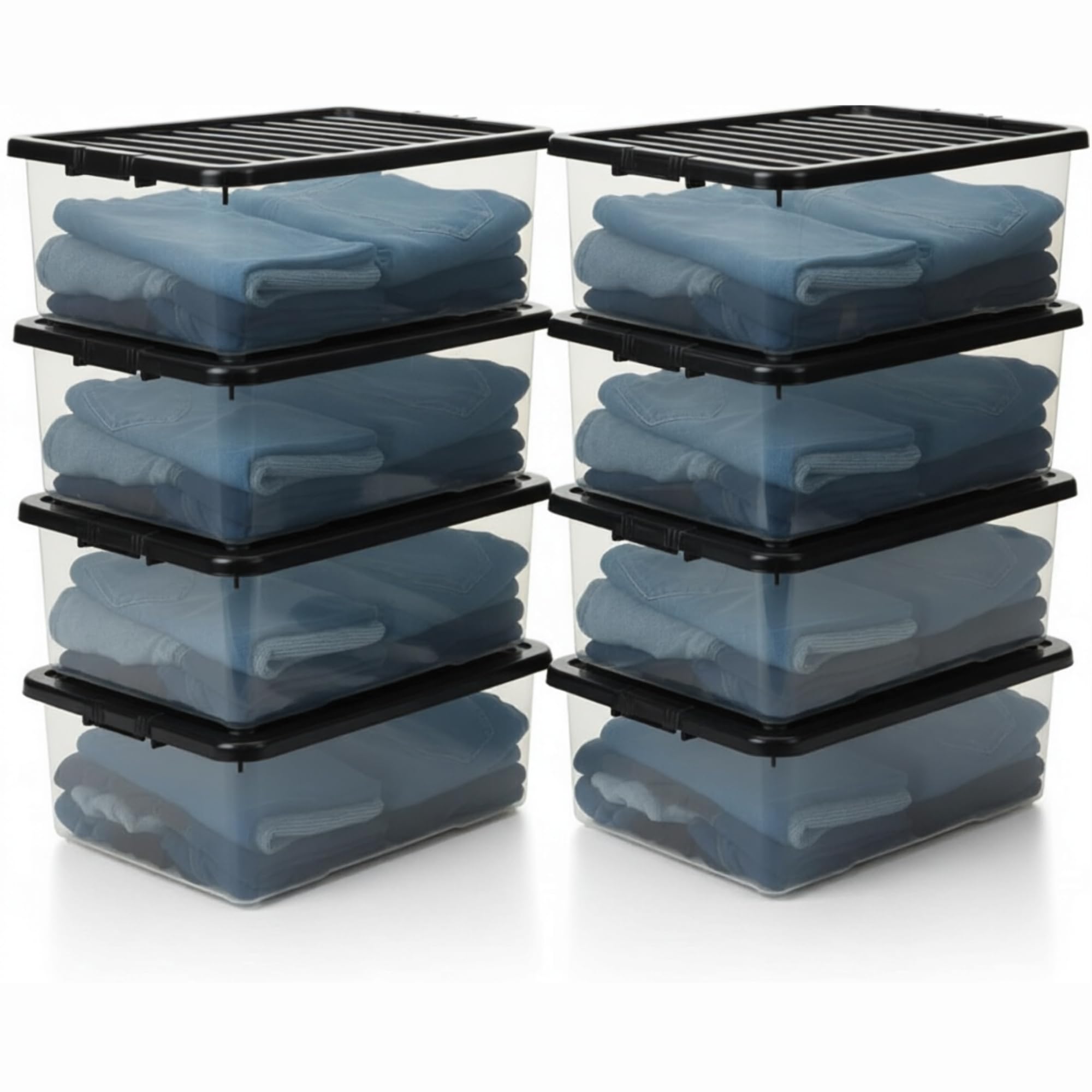 SIDSONS-8x 32L Clear Underbed Storage Box with Black Clip-On Lid β Slim Plastic Storage Container, Space-Saving Multipurpose Stackable & Nestable Organisers Clothes, Bedding, Toys & Household Items