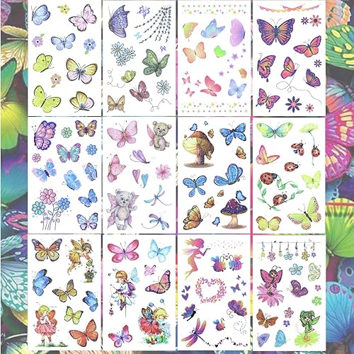 Miniatura 2 de Ooopsiun Tatuajes temporales de mariposa con purpurina para niñas, 12 hojas de decoraciones de fiesta de mariposas para niños y mujeres