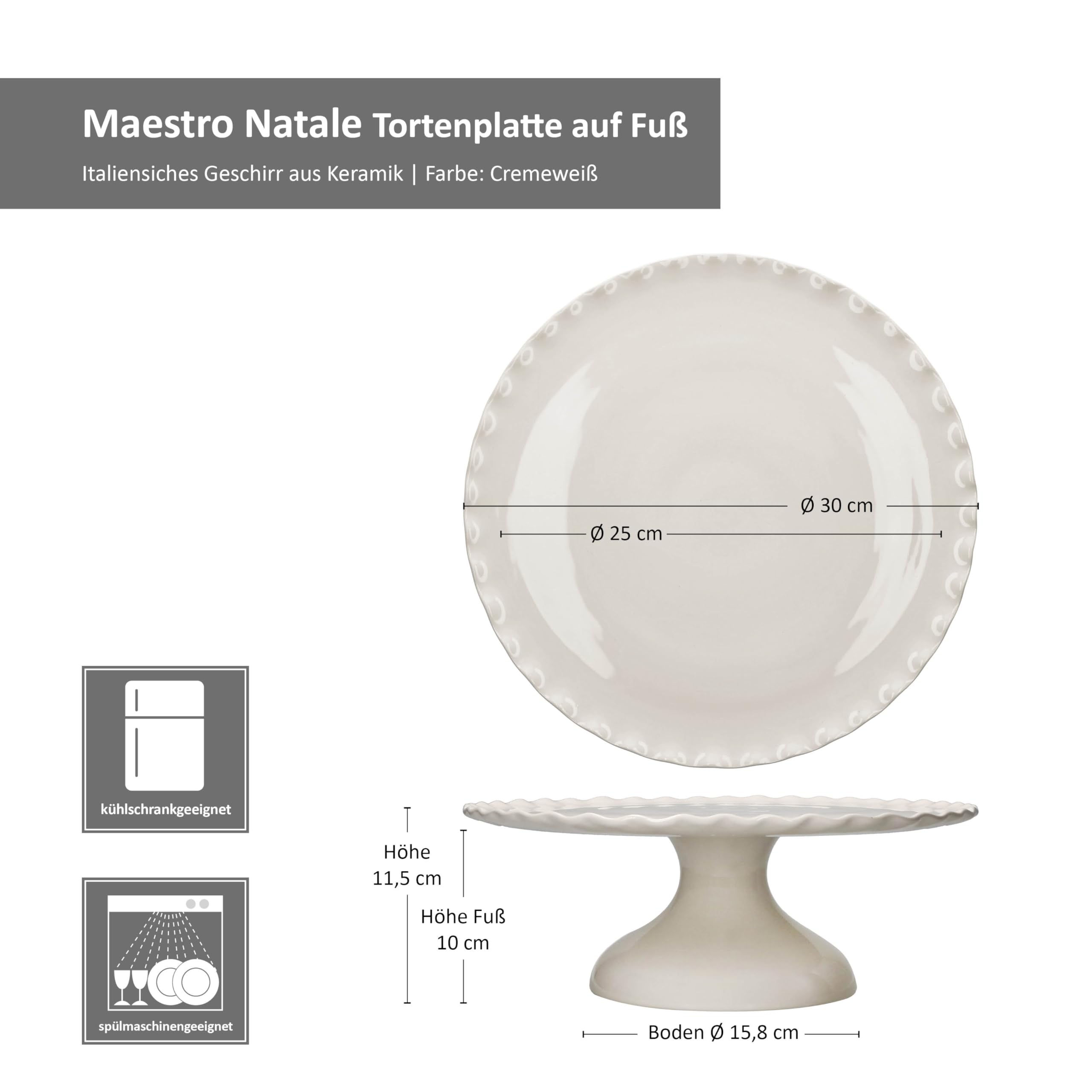 MamboCat Maestro patera na tort z nóżką, kremowo-biała, Ø 30 cm, włoski ceramiczny stojak na ciastka, babeczki i inne wypieki, z falistym brzegiem i podstawą