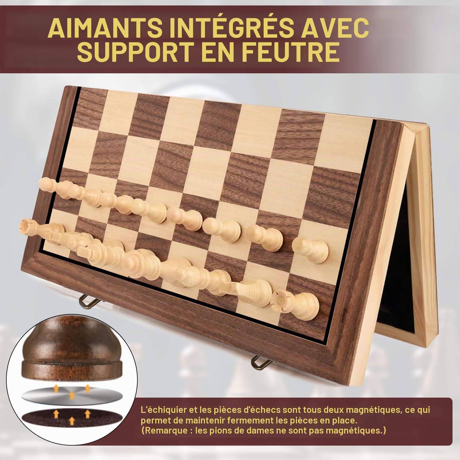 Jeu d'échecs magnétique Pliable en Bois 39 cm Échiquier 2 en 1 Portable