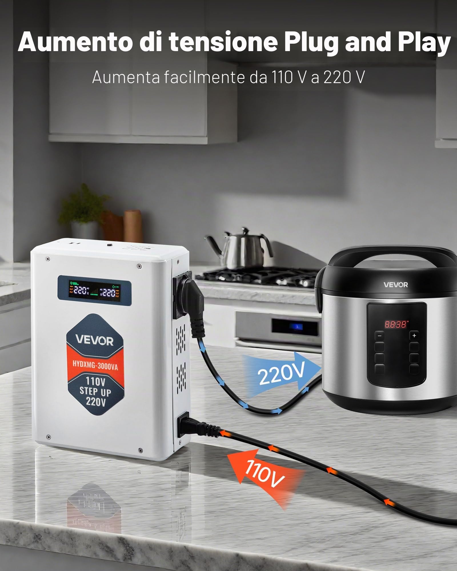 VEVOR Convertitore di Tensione Step-Up da 3000 VA, Trasformatore di Potenza per Impieghi Gravosi da 110 V a 220 V con 2 Prese USA, Uscita USB, Display LCD, per Elettrodomestici da 220 V