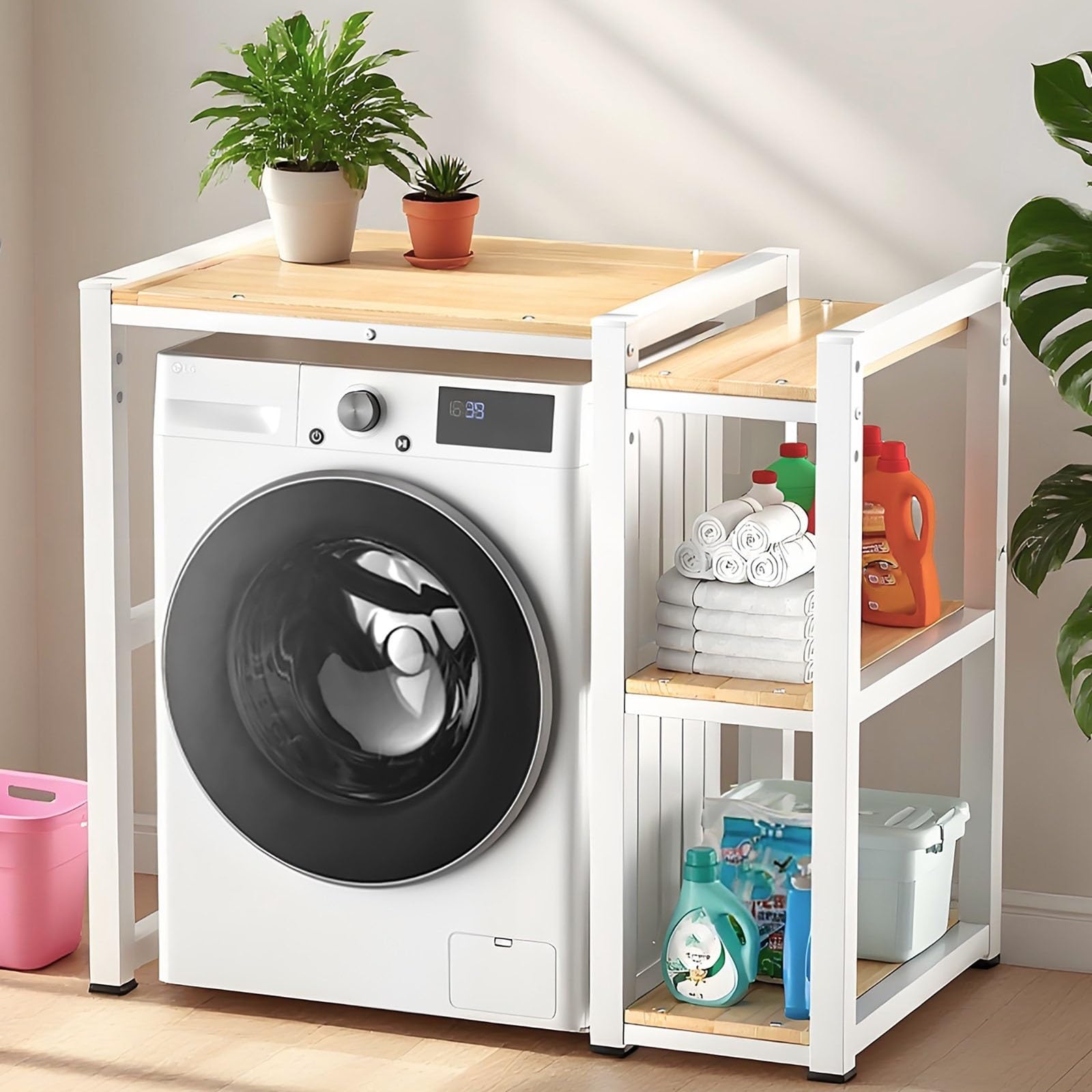 Waschmaschinenregal für Trockner mit Seitlichem Ablagefach, Regal über Waschmaschine, Höhenverstellbar, Waschmaschinenschrank mit Trockner für Badezimmer, Küche & Waschküche(White)