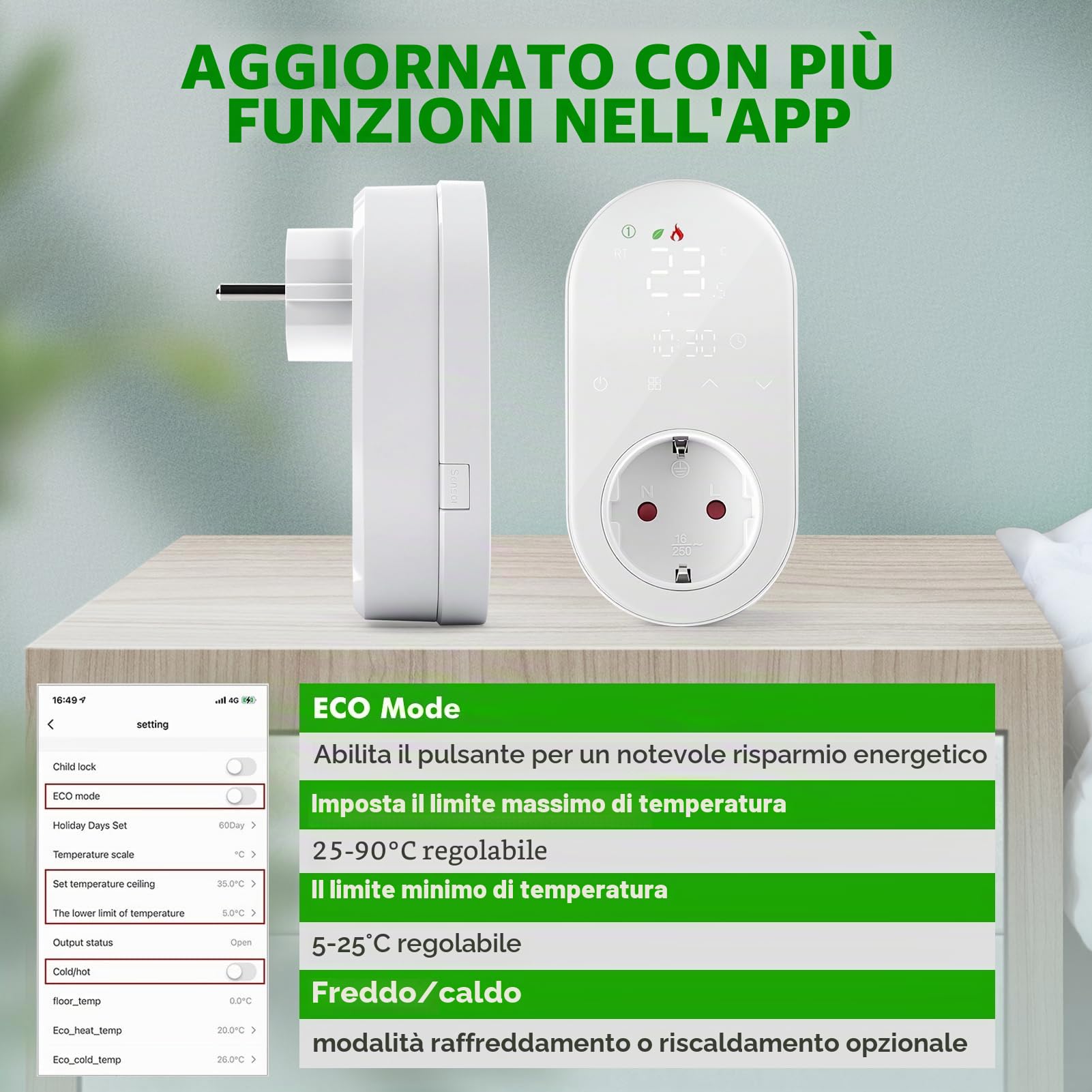 Jadeshay Termostato Intelligente con Presa Programmabile Presa Termostato WiFi 16A 220V con Display LED Controllo Digitale per Riscaldamento e Raffreddamento Compatibile con Alexa e Google Assistant
