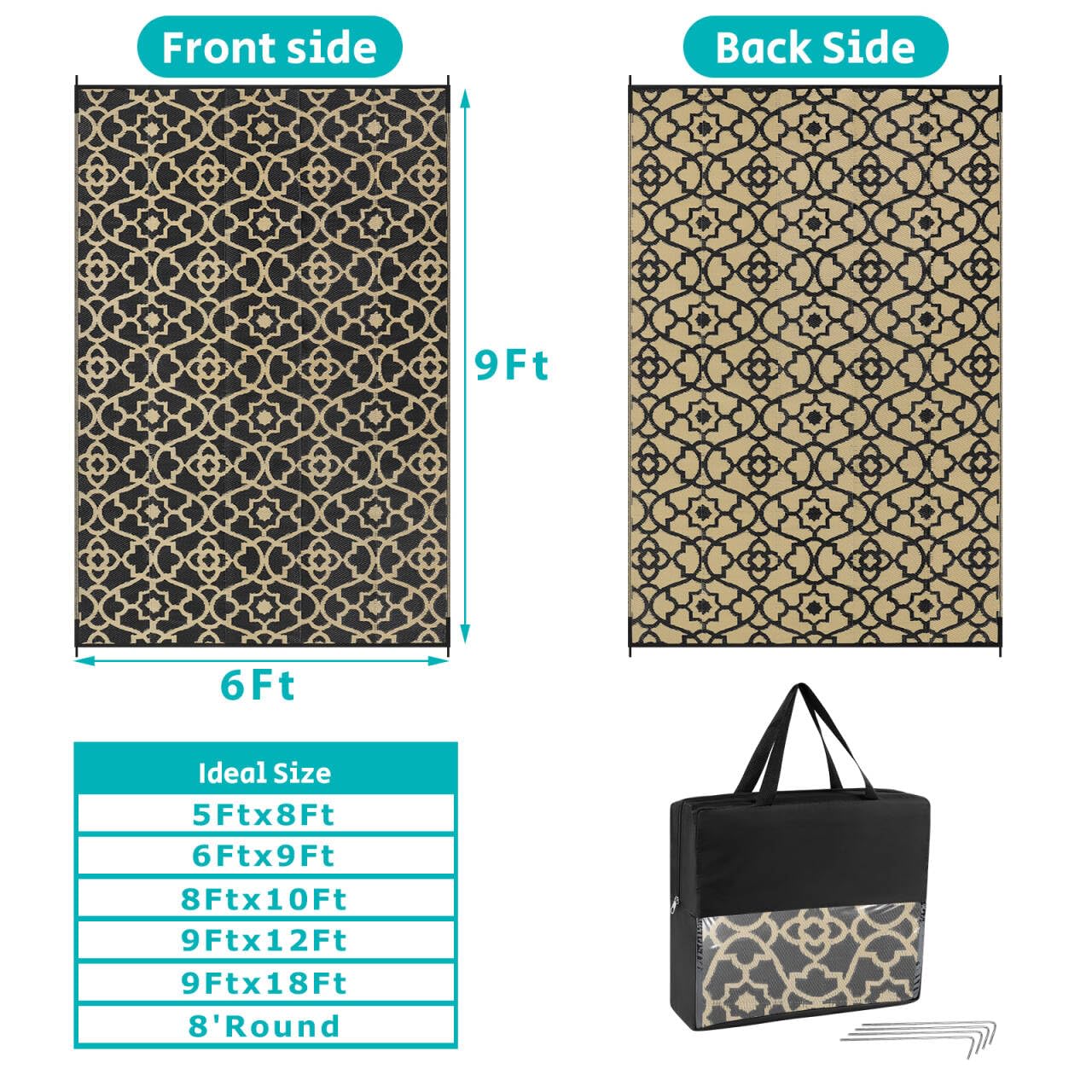 HEBE Alfombra para exteriores de 6 x 9 pies para patios, impermeable, reversible, de pajilla de plástico, para camping, caravana, porche, cubierta, balcón, cámper, patio trasero