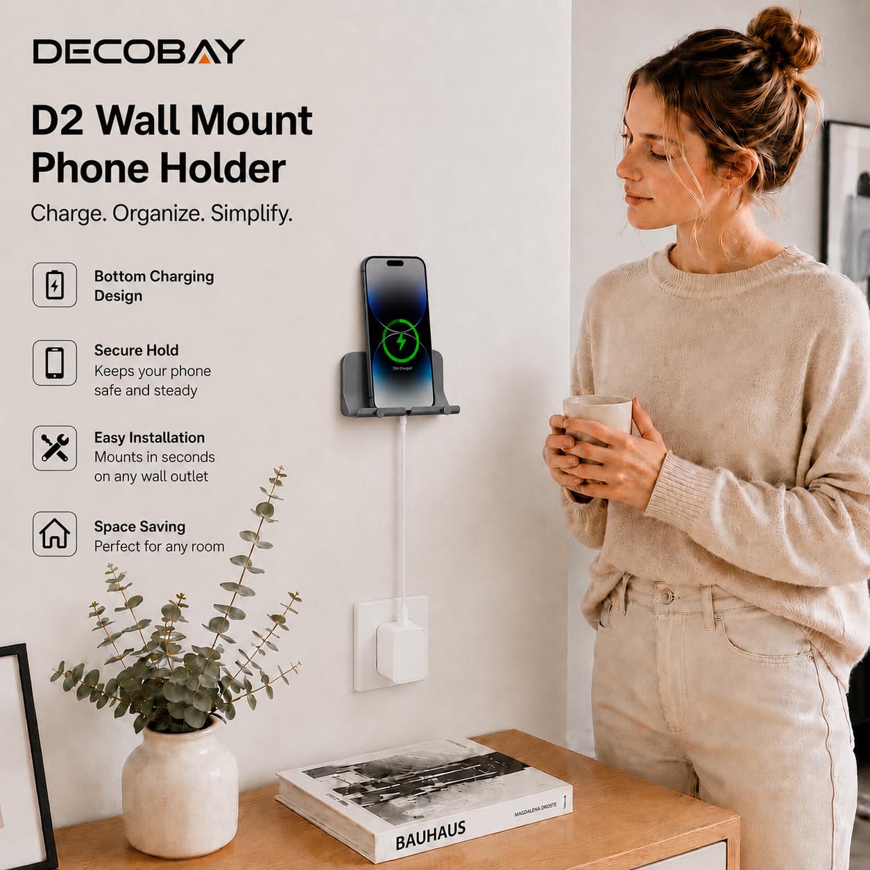 D2 - Soporte de pared para teléfono, manos libres, con adhesivo y agujero de recepción de cable de datos para ducha, carga, RV, compatible con iPhone, cables de smartphone, llaves y más (gris)