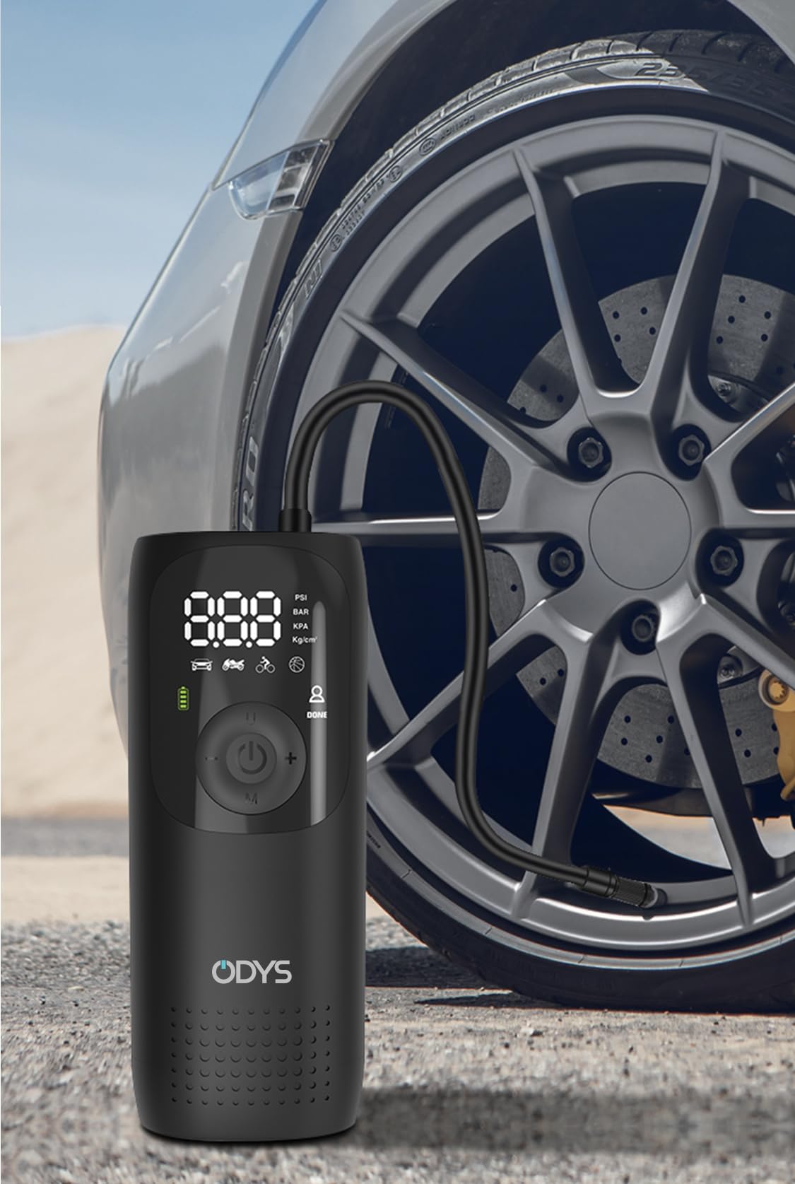 ODYS FlexPump akkubetriebener tragbarer elektrischer Luftkompressor Luftpumpe für Auto, Motorrad, Scooter, Fahrrad, Bälle (0-10Bar/0-150PSI, 2000mAh, Aufladung per USB-C, digitale Anzeige, LED Licht)