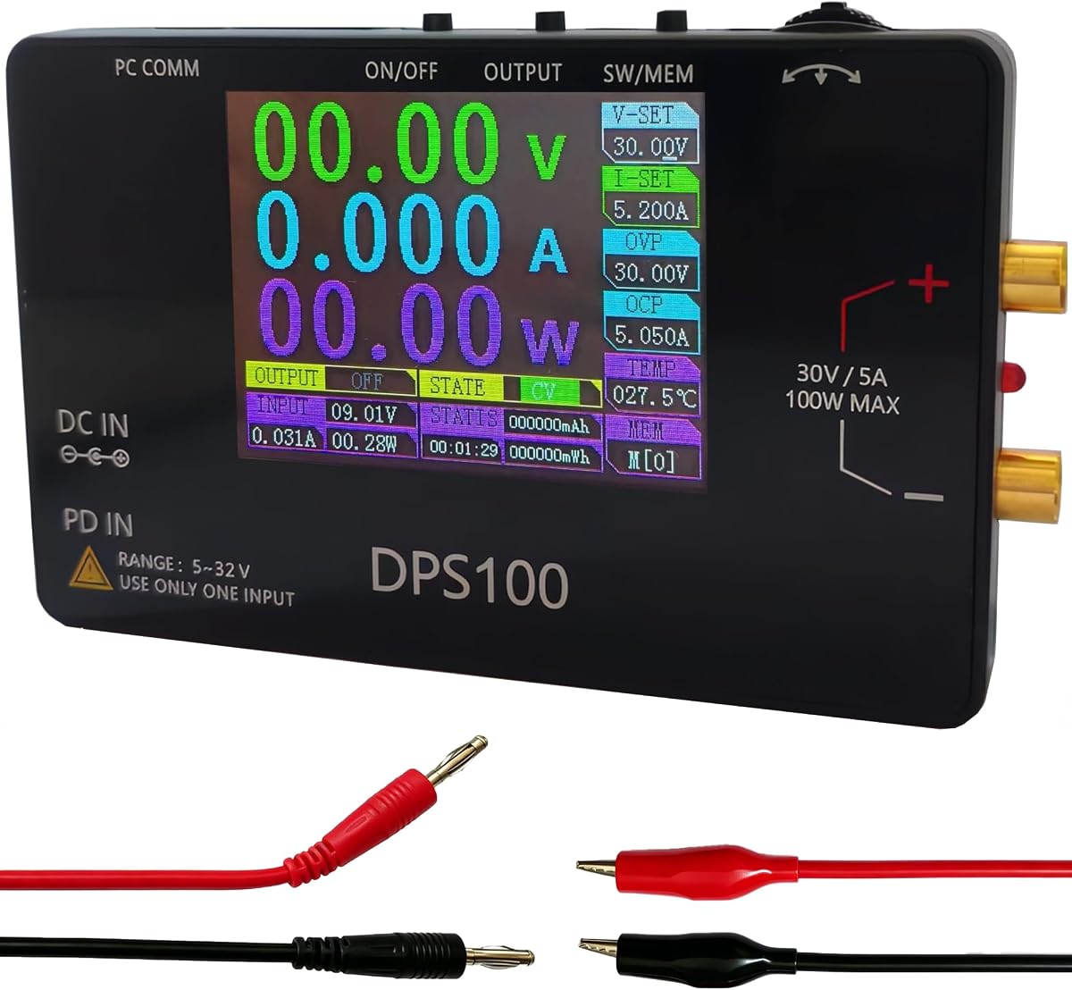30V 5A Adjustable DC Power Supply with Dual Digital Waveform Modes | Mini portable switching power supply, compact size, low noise, suitable for electronics lab, repair bench and school teaching