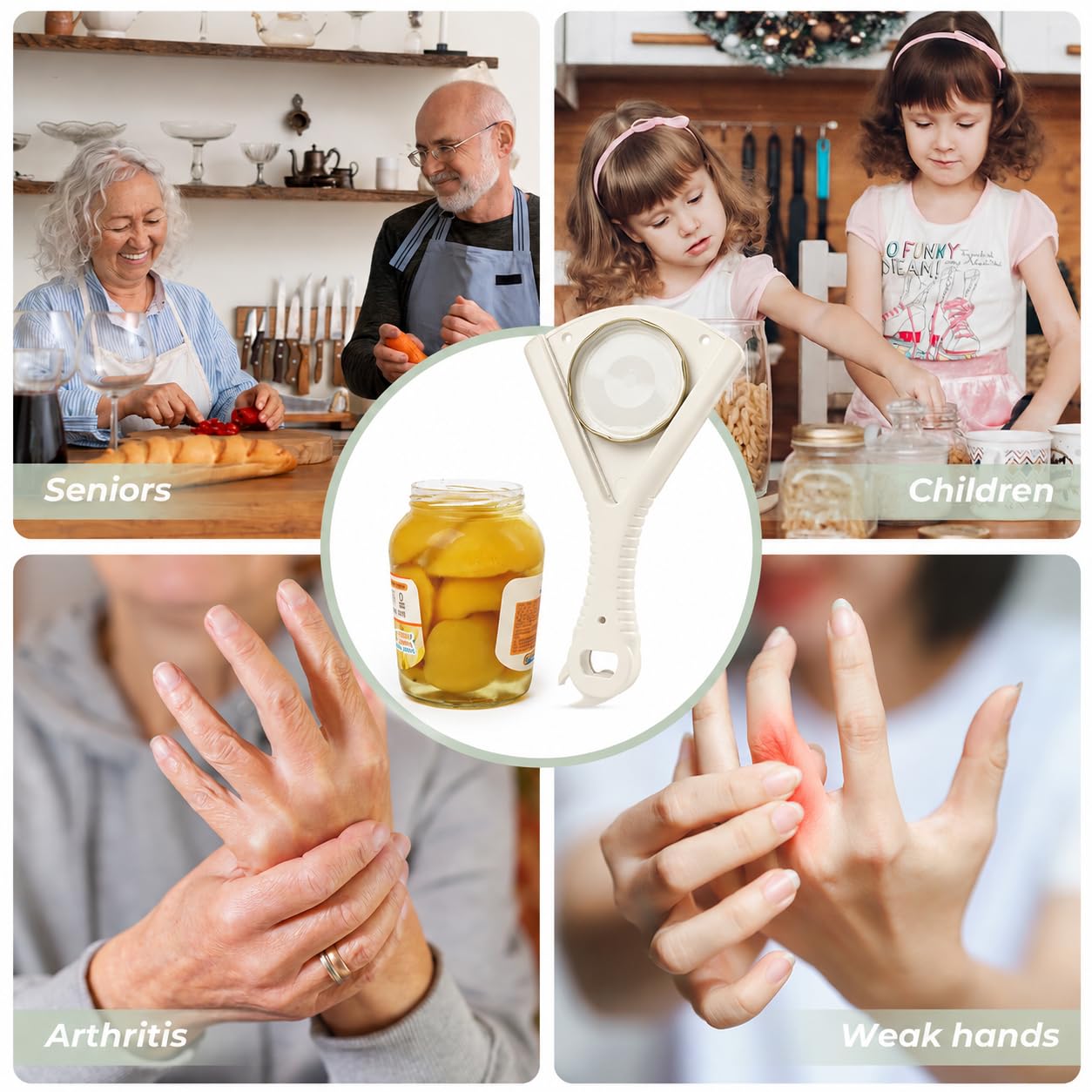 Abridor de tarros para manos débiles, agarre de tapa de acero inoxidable, fácil de girar para tarros de 0.5 a 5.1 pulgadas, herramienta de cocina manual para personas mayores y manos con artritis
