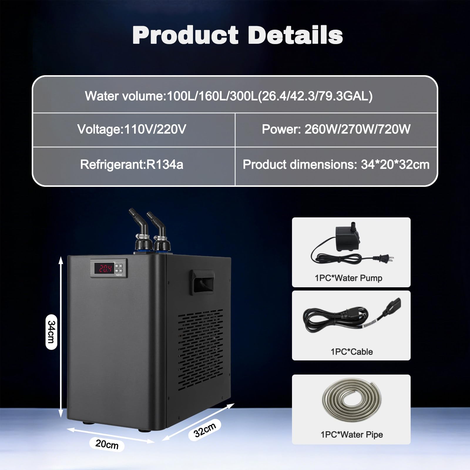 100L/160L/300L Enfriador para acuarios, Aquarium Chiller, Temperatura Ajustable 5-40°C, Pantalla LCD Táctil, para acuarios domésticos, acuicultura y maricultura 160L(42gal)