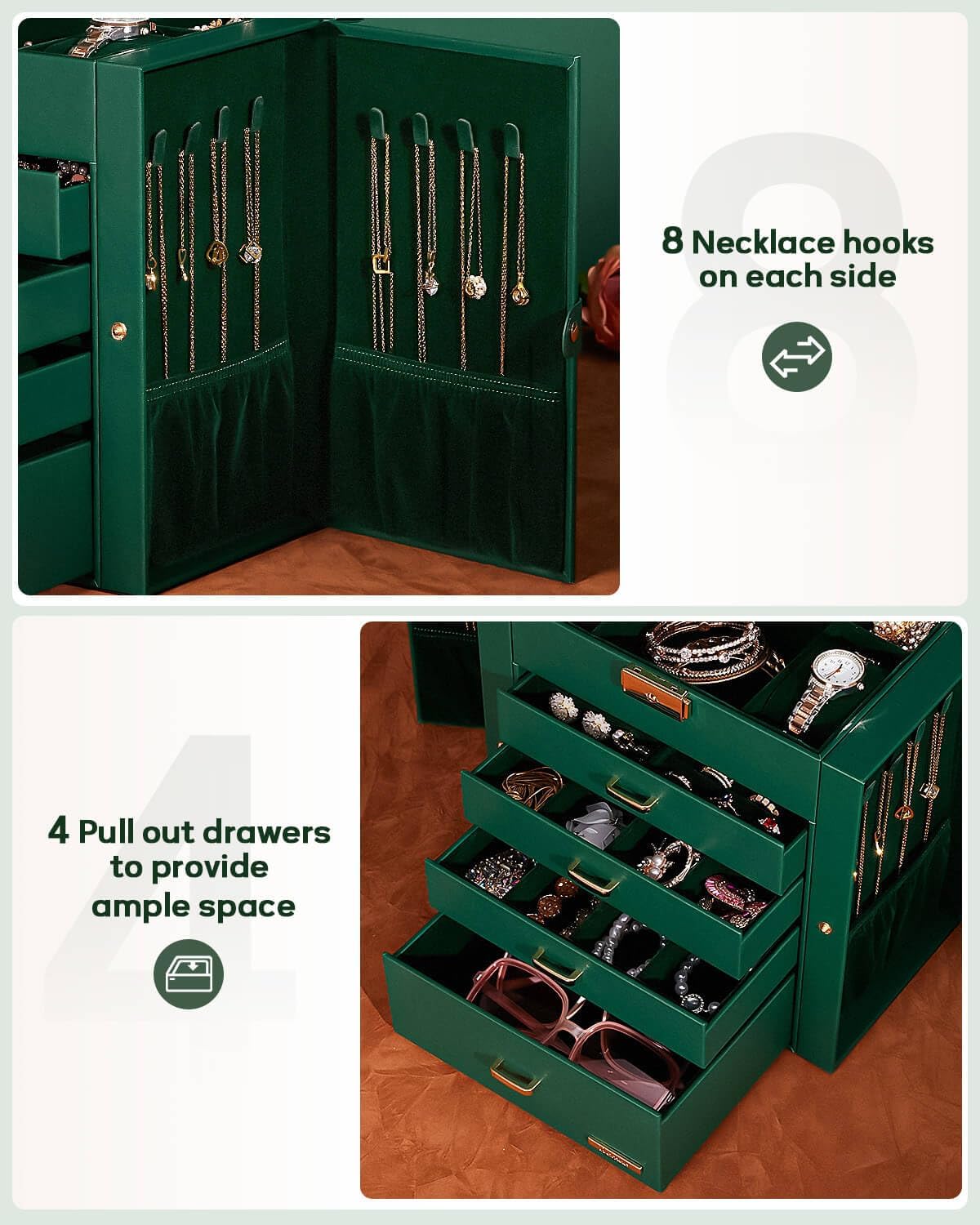 Homde Synthetic Leather Huge Jewelry Box Mirrored Watch Organizer Necklace Ring Earring Storage Lockable Gift Case (Forest Green + Gold) - Image 5