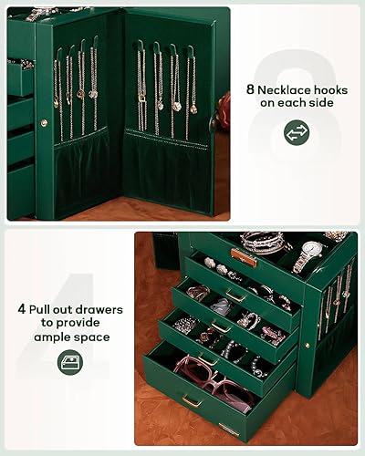 Miniatura 32 de Homde Regalos de Navidad de cuero sintético, enorme joyero, organizador de reloj con espejo, collar, anillo y aretes, estuche de regalo con Dorado