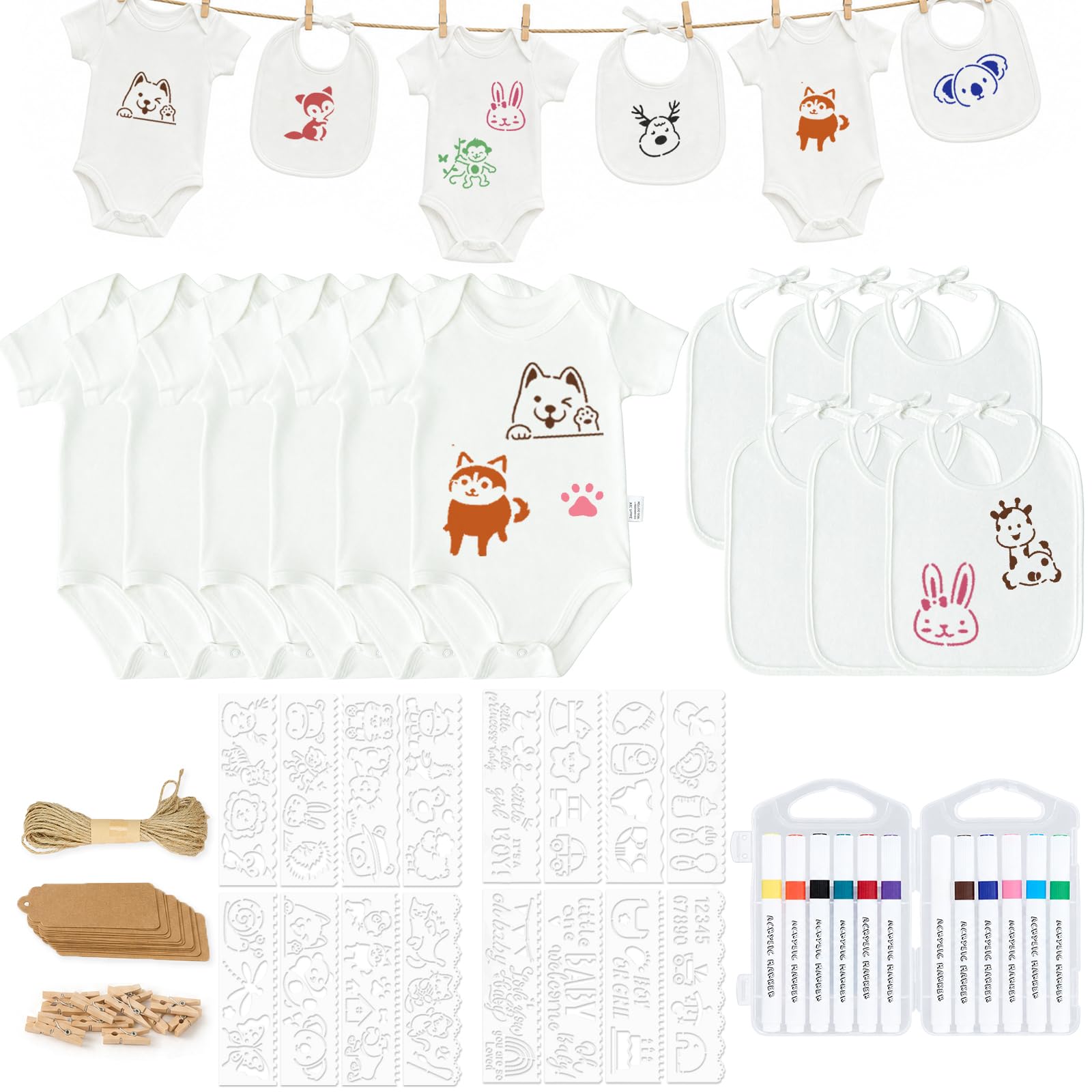 Juego de 81 piezas para baby shower, body para pintar y babero para bebé para pintar blanco, 6 bodys para bebés de 0 a 3 meses, 6 baberos de 24 x 20 cm, 12 lápices textiles, 16 plantillas, juegos de