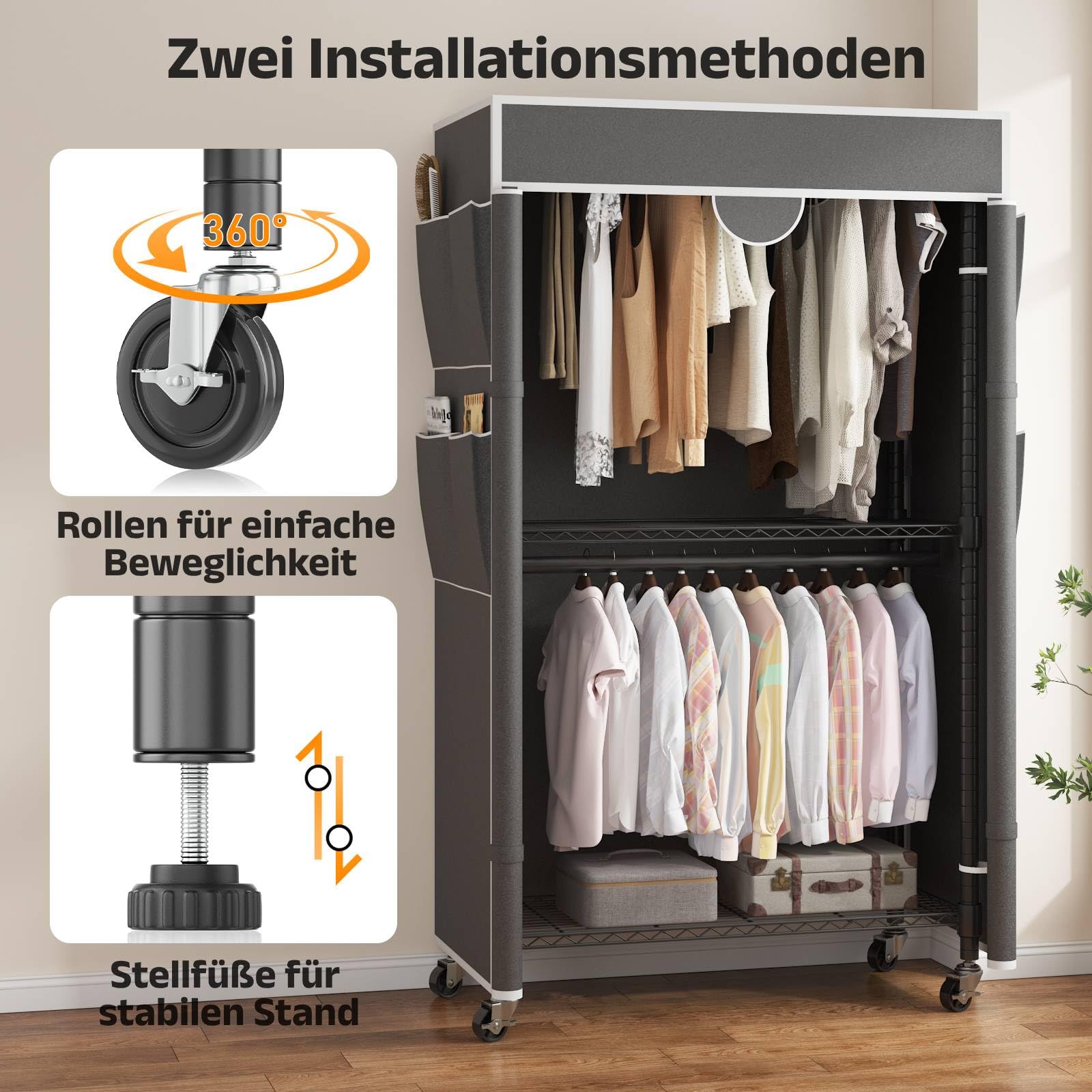 Himimi Kleiderständer mit Abdeckung Schwerlast Kleiderständer auf Rollen und Ablage Höhenverstellbar Stabil Metall Kleiderstange mit 2 Kleiderstangen und 4 Seitentaschen 90 * 45 * 205cm Grau