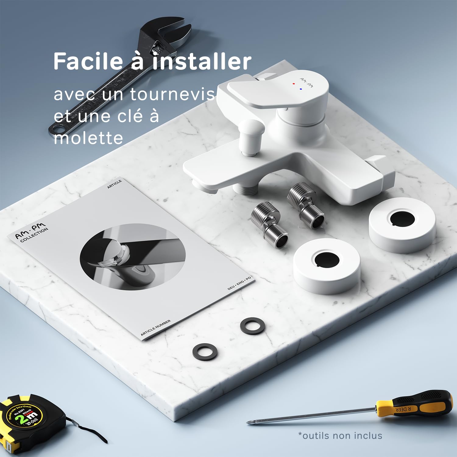 AM.PM Mitigeur Bain Douche, Robinet Monocommande de Bain avec Bec, à économie d'eau, Blanc, Résistant aux fissures, Facile à nettoyer et à installer, X-Joy FXA10033.