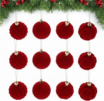 GLEAVI Velvet Christmas Tree Balls: 12pcs Plastic Flocked Balls Ornaments Red 2.36 Inch for Party Xmas Tree Hanging Decoration