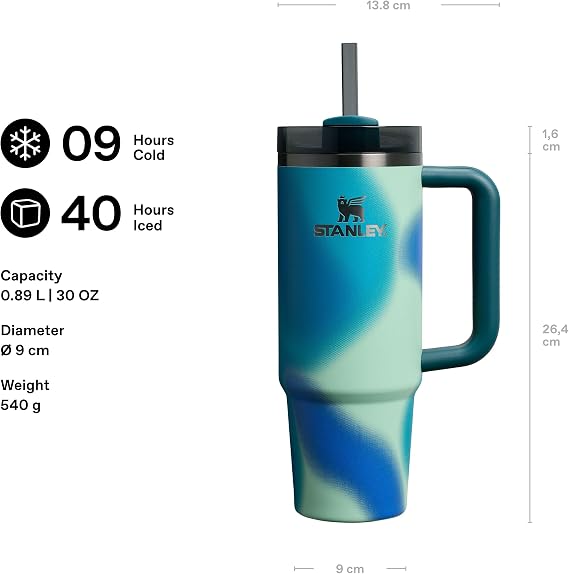 Stanley Quencher Pipetli Termos Bardak, 0.89 Litre, Turkuaz Desenli (Coastal Teal)