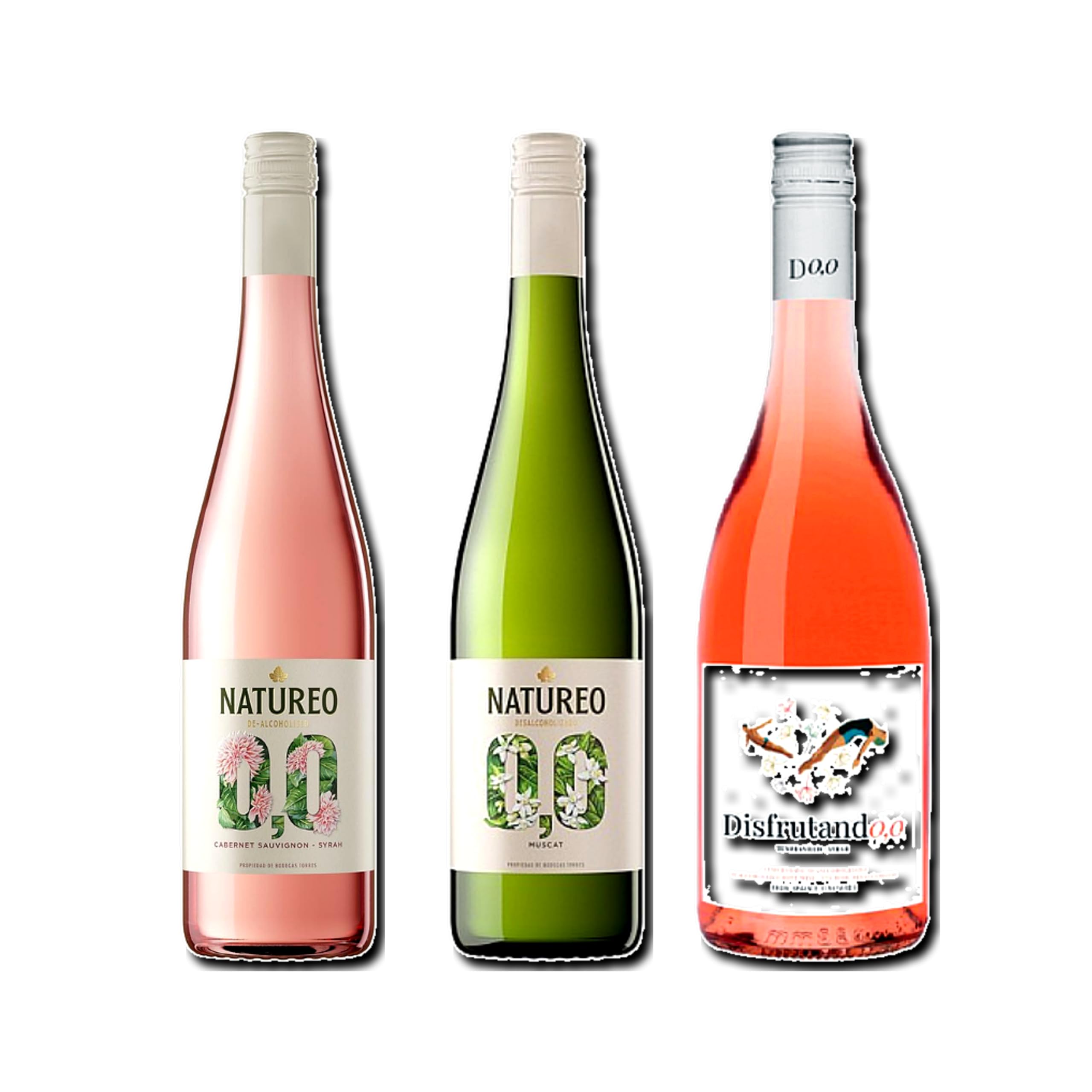 vino sin alcohol 0,0 Natureo Rosado, Natureo Blanco Muscat y Disfrutando 0,0 Rosado pack de 3 botellas 75cl