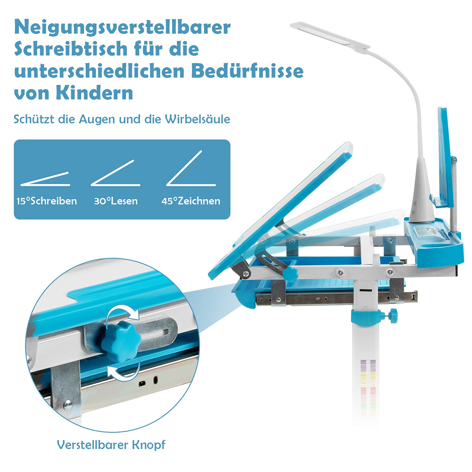 GOPLUS Kinderschreibtisch höhenverstellbar, Kindertisch und Stuhl mit Bücherständer & LED-Licht, Scülerschreibtisch mit neigbarer Tischplatte & Schublade, Jugendschreibtisch mit Stuhl (Blau)