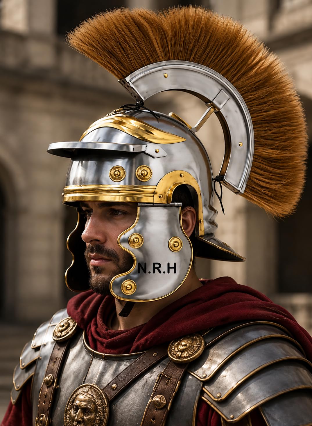 Roman Centurion Armor - Casco con Pluma Rubia en el Soporte